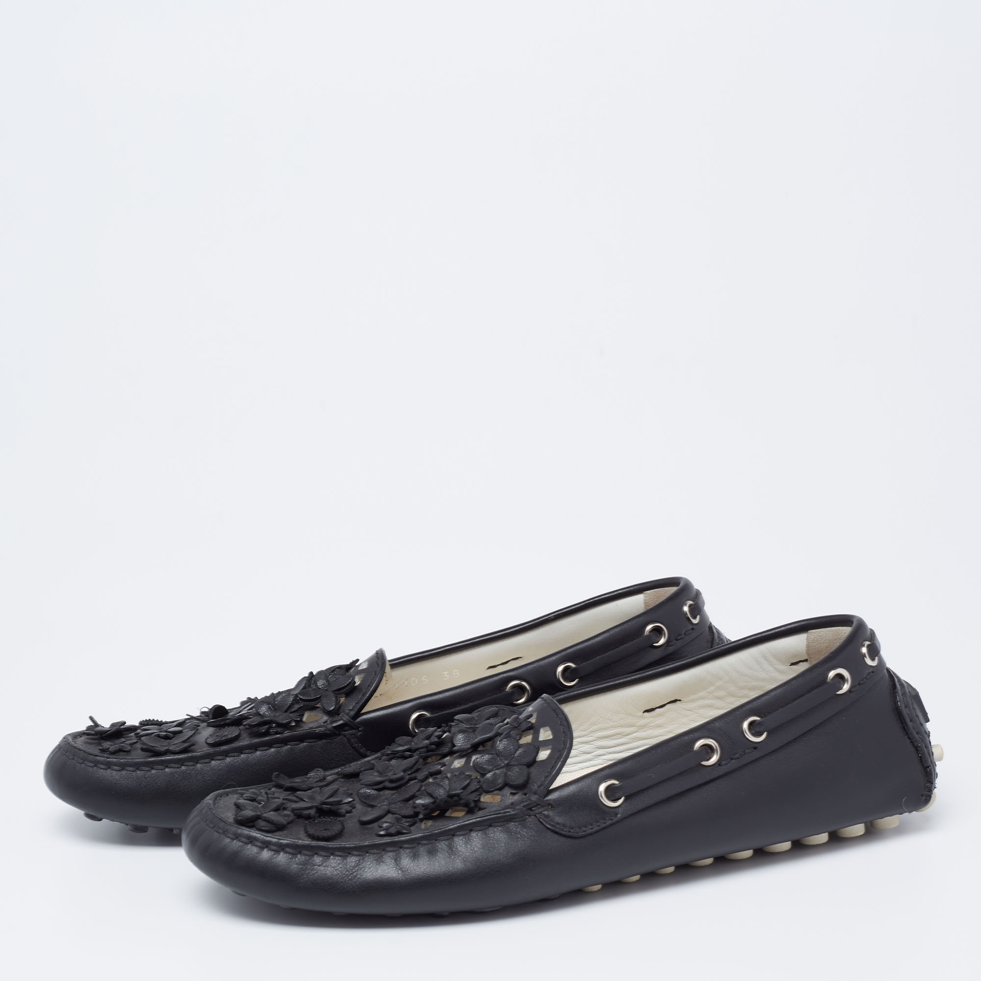 

Dior Black Leather Flower Embellished Driving Slip on Loafers Size