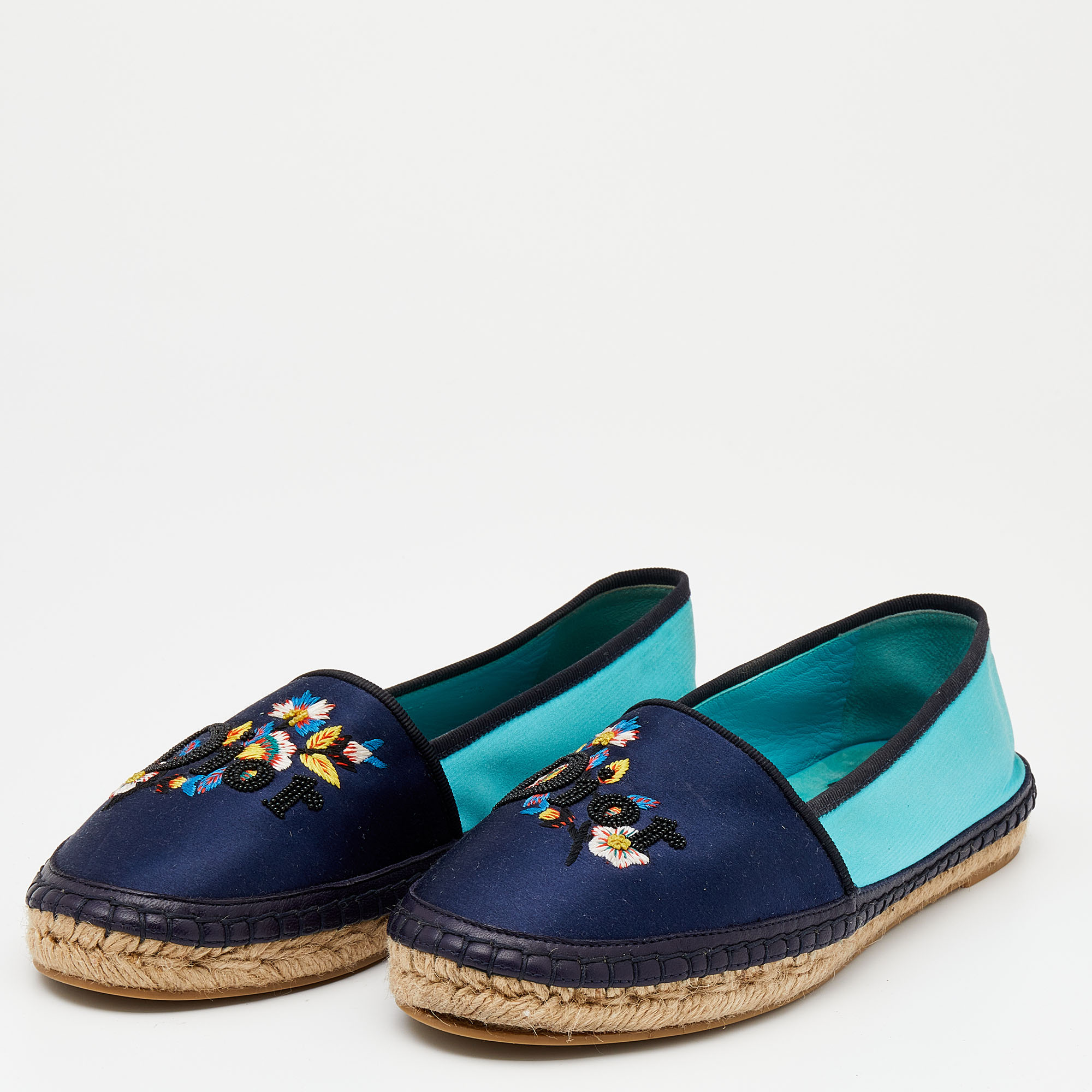 

Dior Two Tone Satin Embroidered Espadrille Flats Size, Blue