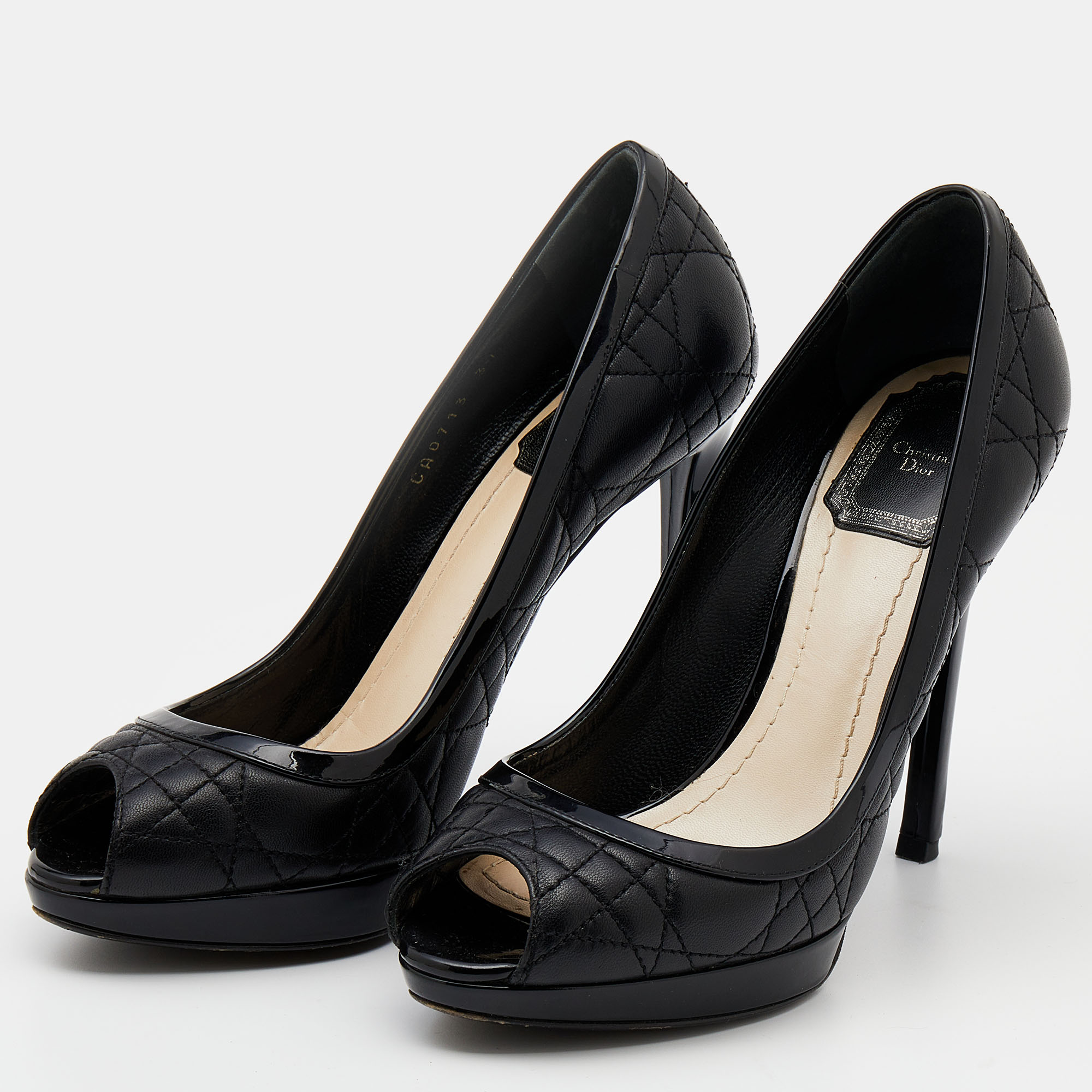 

Dior Black Quilted Cannage Leather And Patent Trim Peep Toe Pumps Size