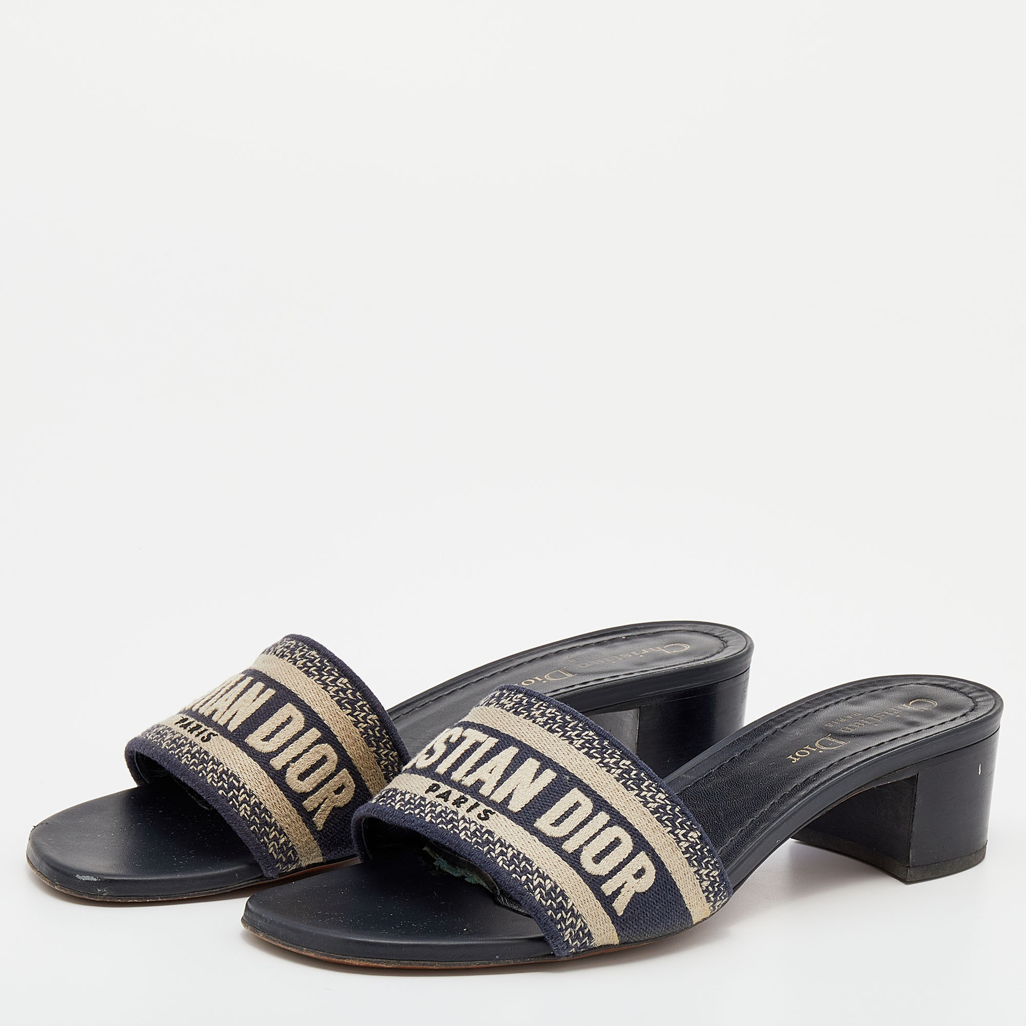 

Dior Navy Blue Embroidered Canvas Dway Slide Sandals Size
