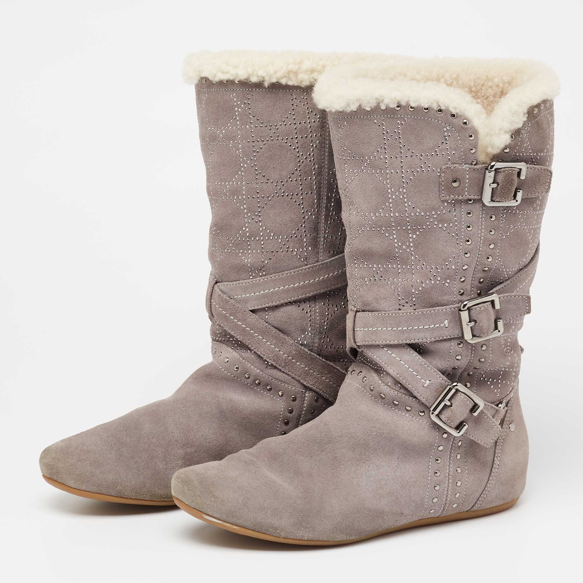 

Dior Grey Suede Embellished Midcalf Boots Size
