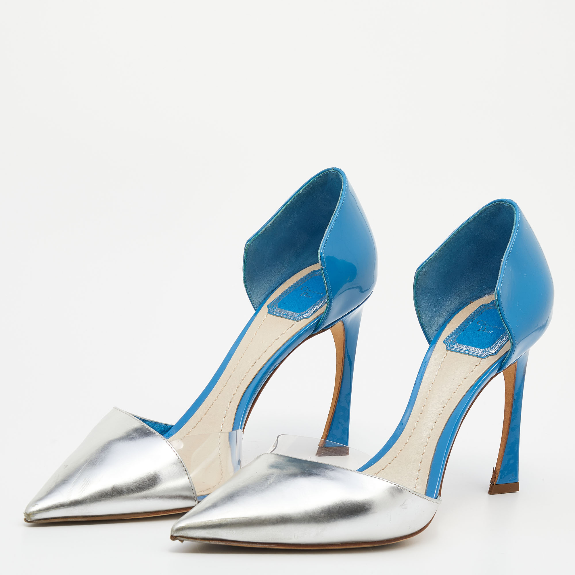 

Dior Silver/Blue Patent Leather And PVC Angled D’orsay Pumps Size