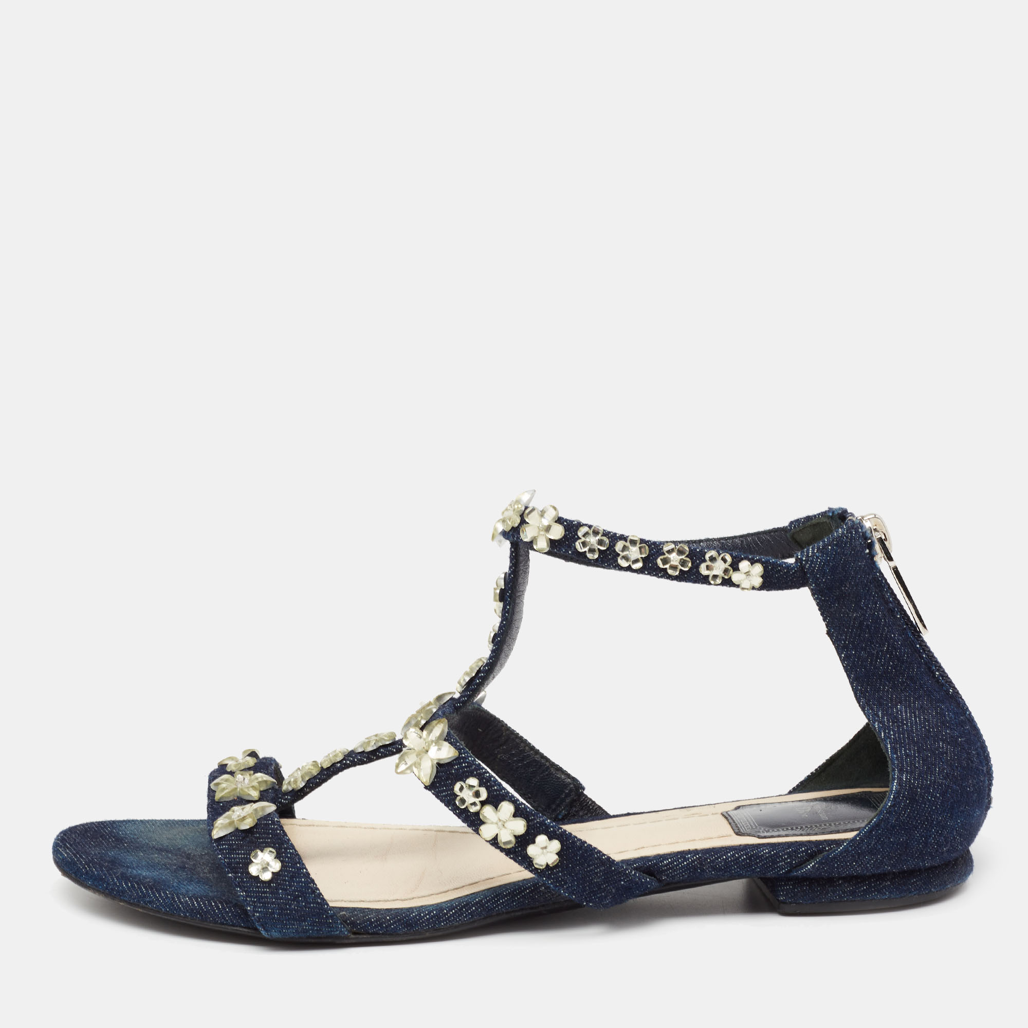 Pre-owned Dior Blue Denim Jewel Embellished Strappy Flat Sandals Size 38.5