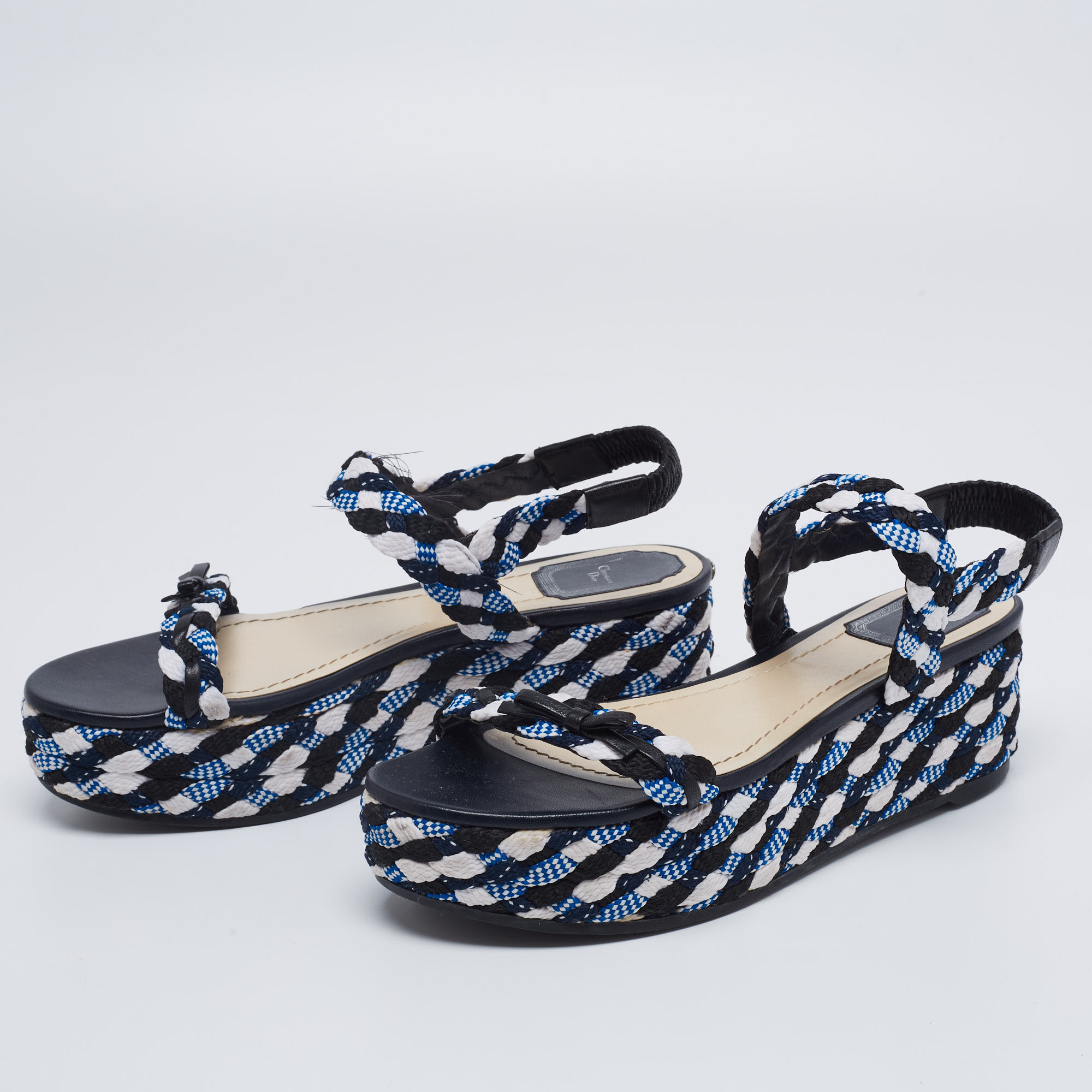 

Dior Tri Color Braided Fabric and Leather Open Toe Wedge Sandals Size, Black