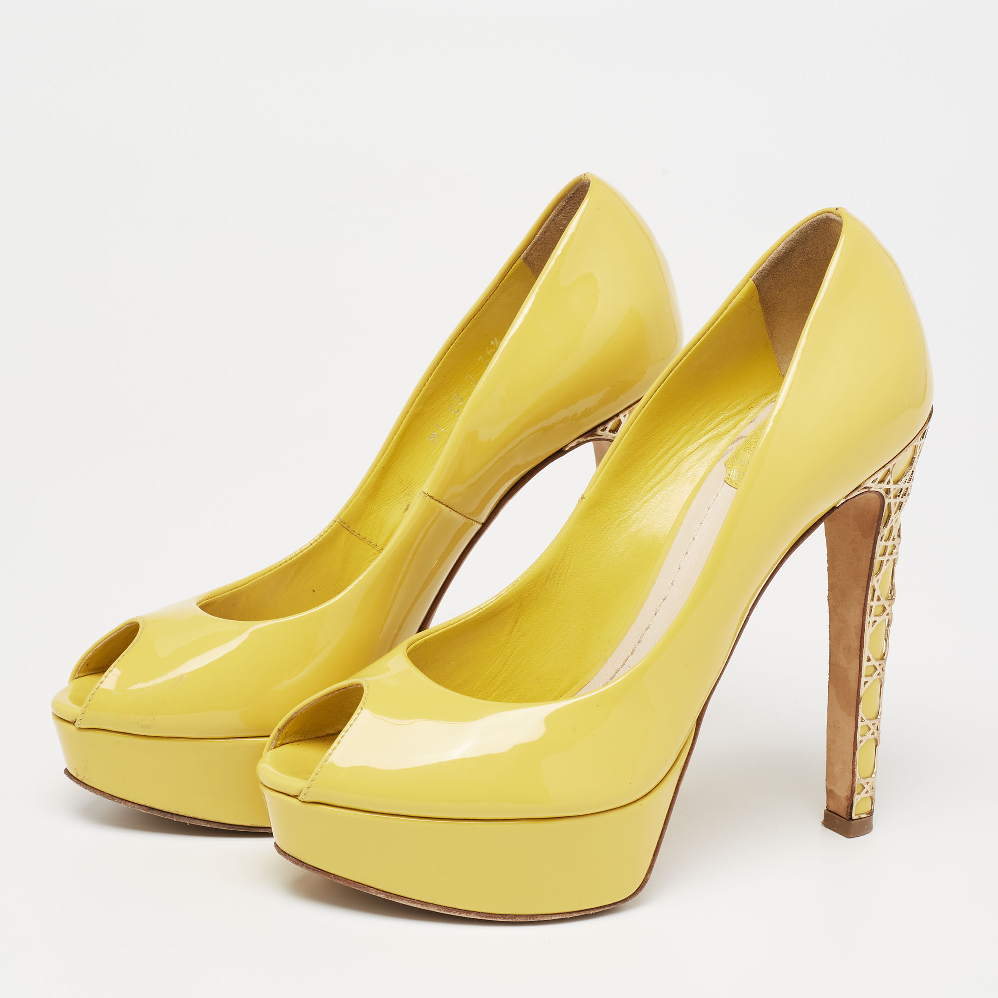 

Dior Yellow Patent Leather Peep Toe Cannage Heel Platform Pumps Size