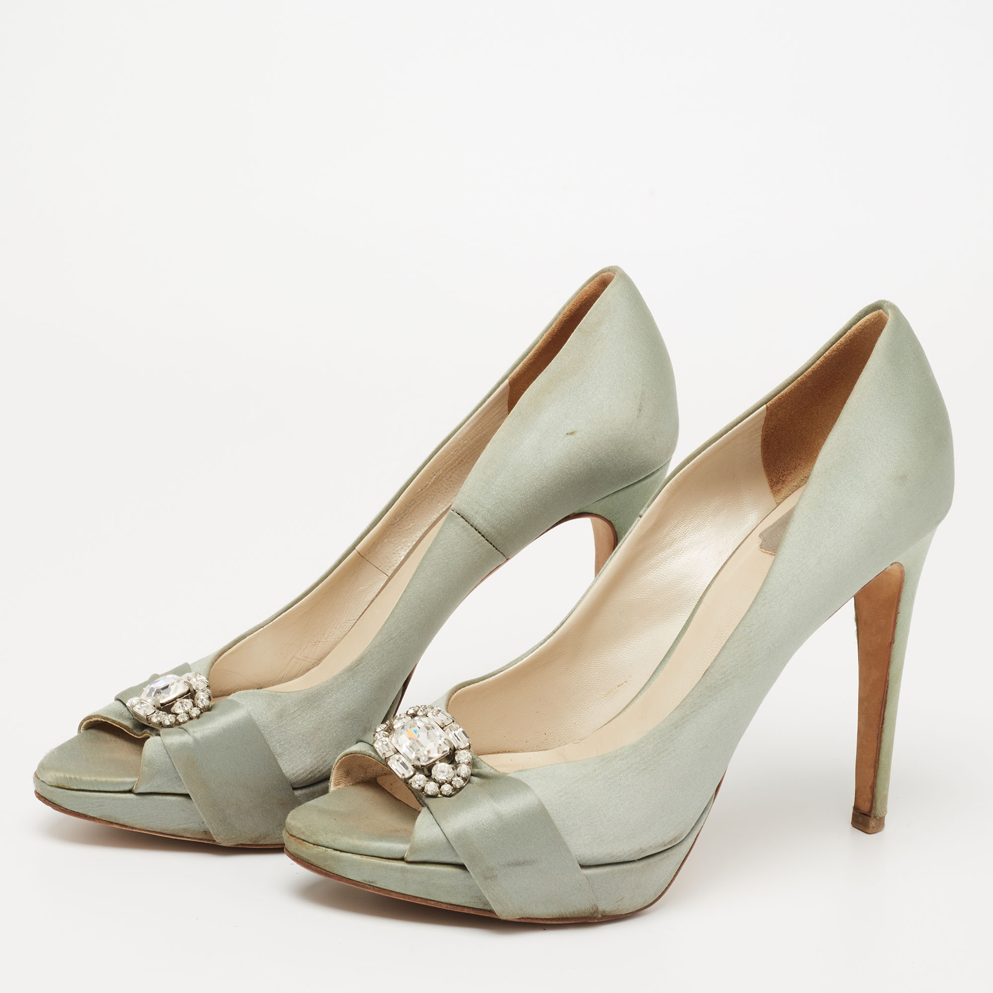 

Dior Pastel Green Satin Empire Peep-Toe Platform Pumps Size