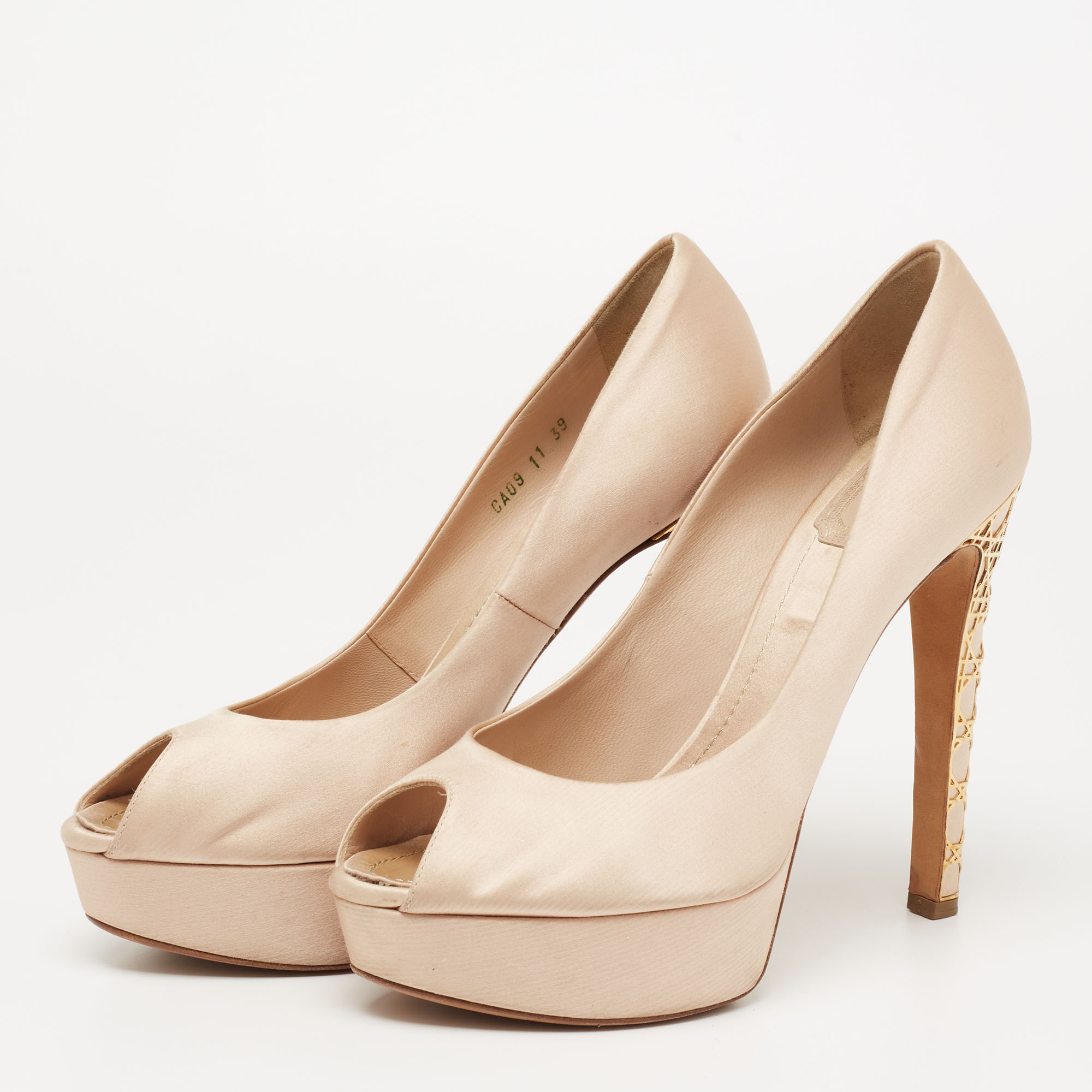 

Dior Beige Satin Cannage Heel Peep-Toe Platform Pumps Size