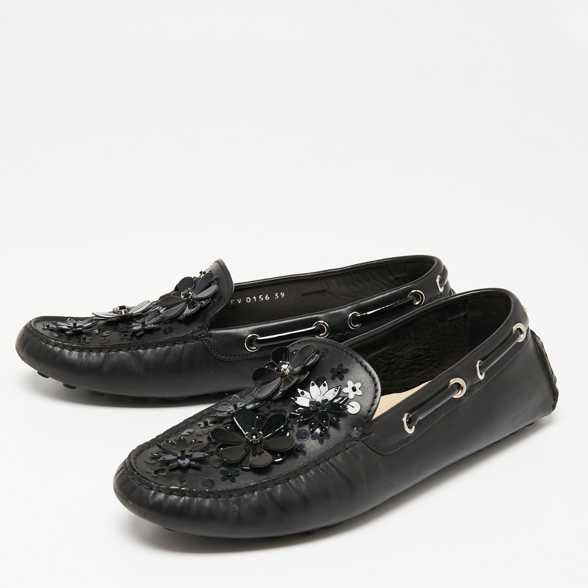 

Dior Black Leather Floral Embellished Leather Loafers Size