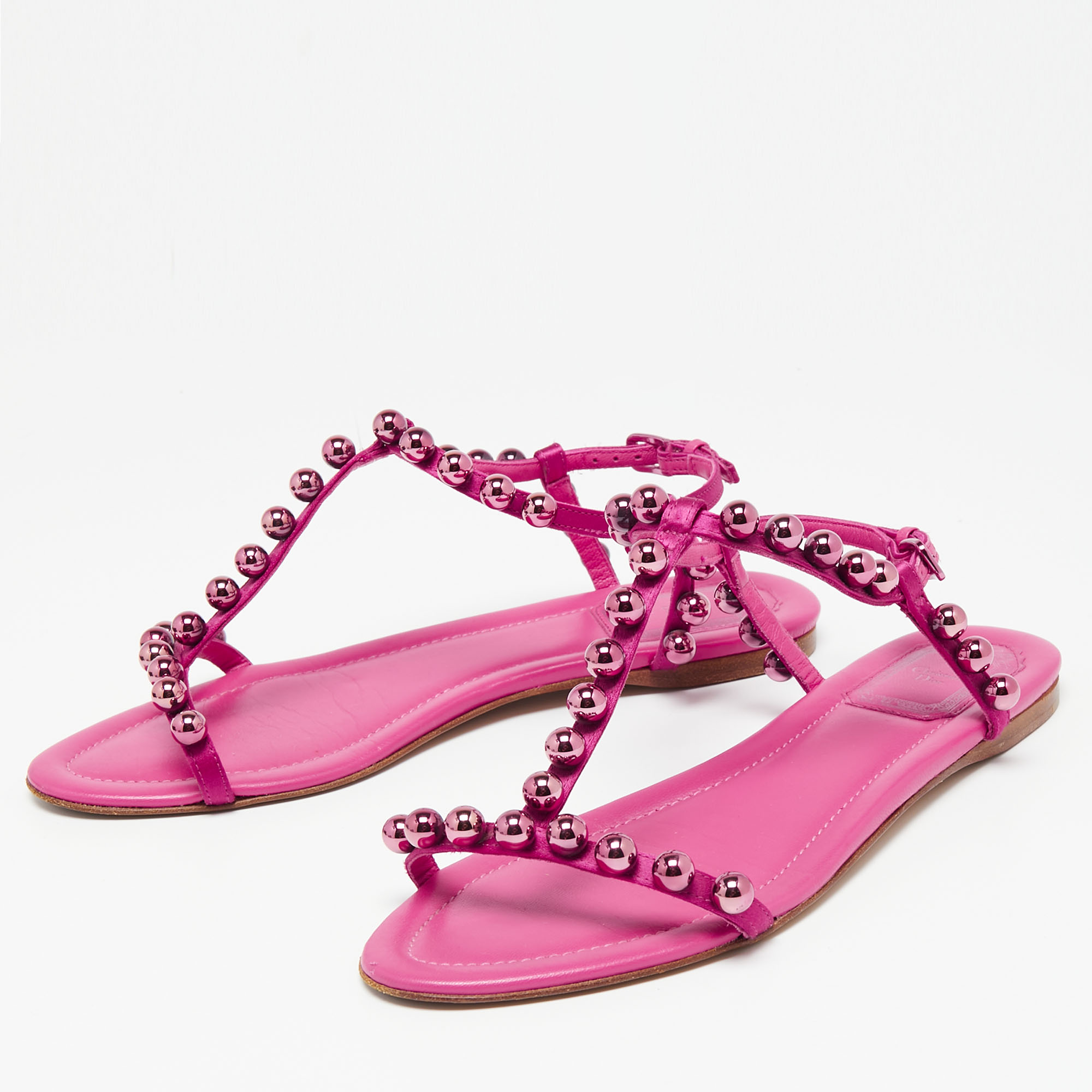 

Dior Shocking Pink Leather and Satin Pearl Embellishment T-Strap Flats Size