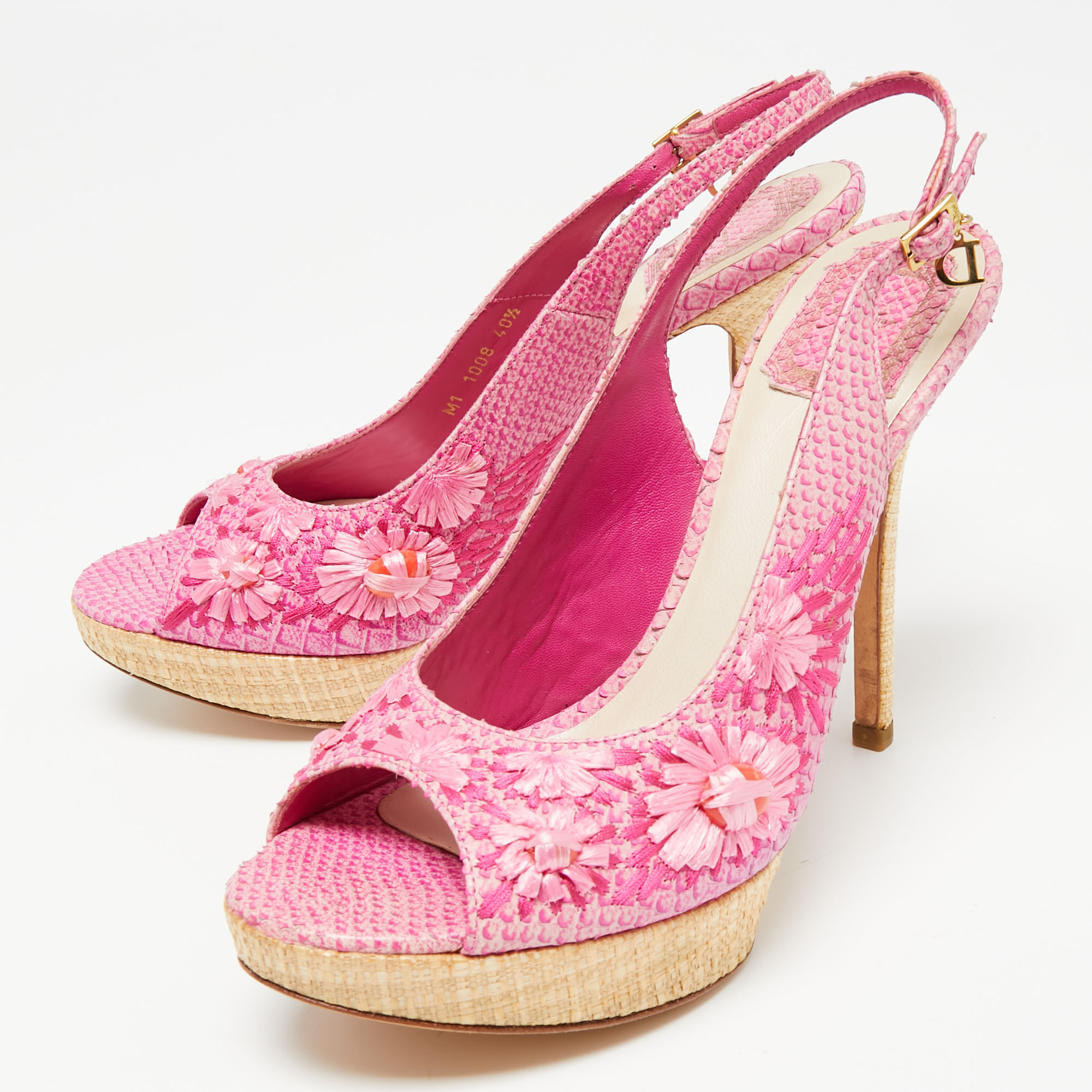 

Dior Pink Python Embossed Leather And Raffia Embellished Platform Sandals Size