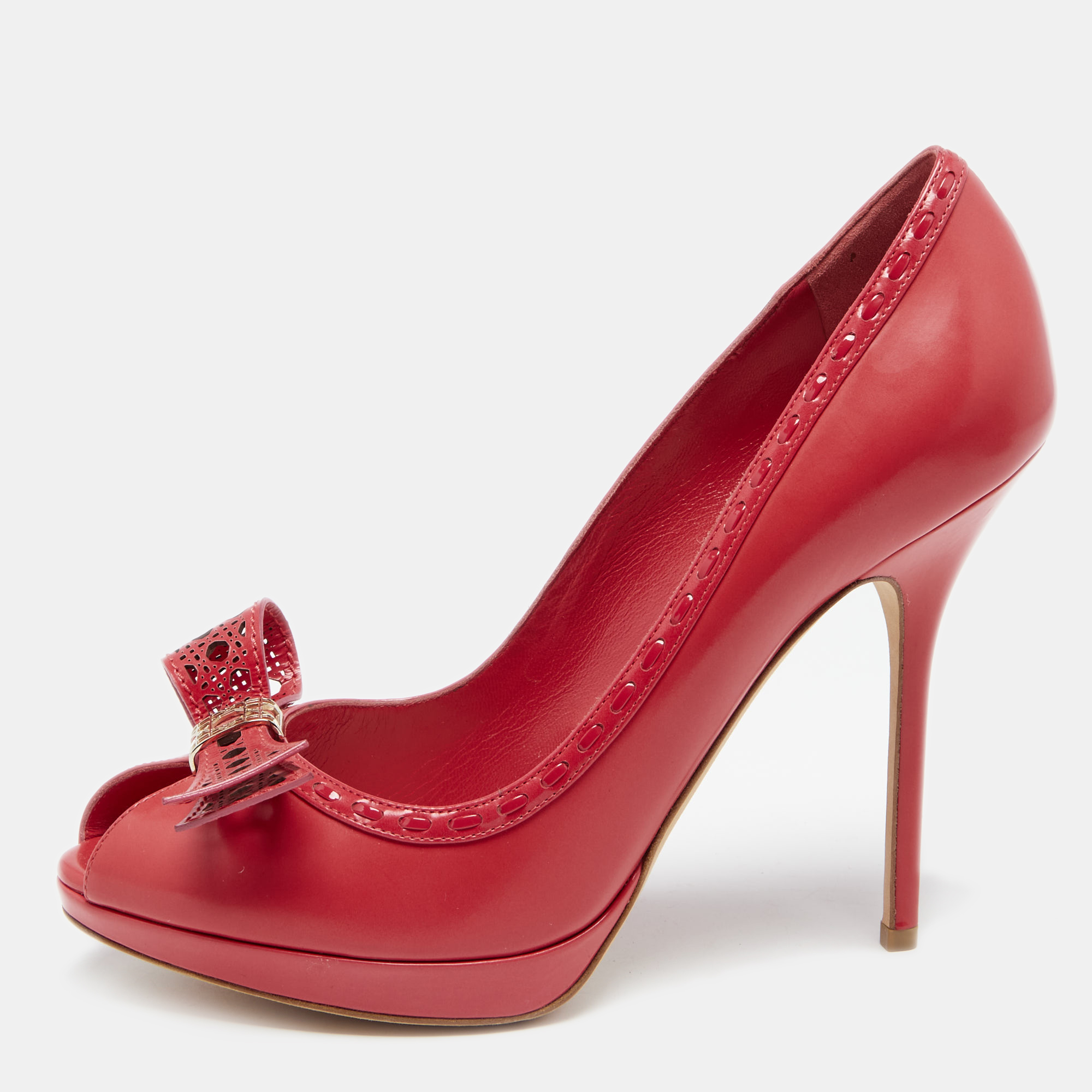 

Dior Imperial Red Cannage Leather Peep Toe Bow Detail Platform Pumps Size