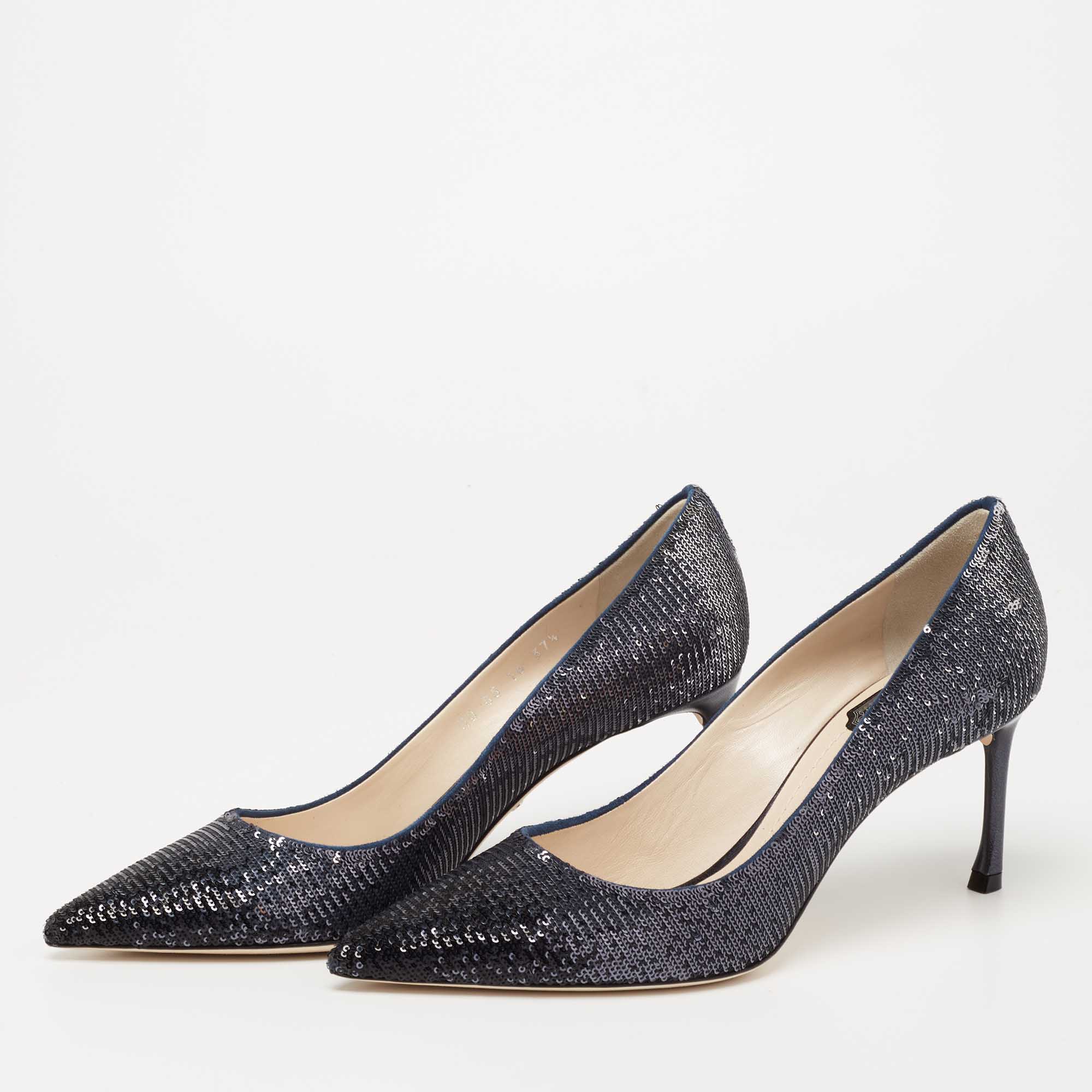 

Dior Metallic Navy Blue Sequin Pointed Toe Pumps Size
