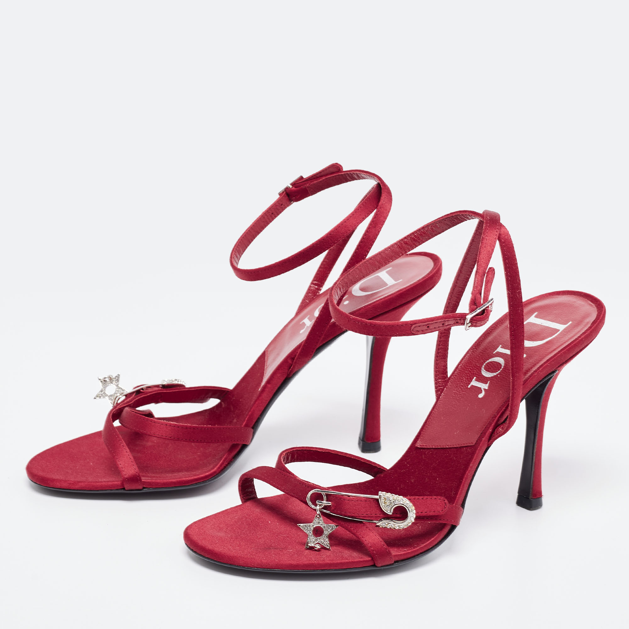

Dior Burgundy Satin Safety Pin Crystal Embellished Sandals Size