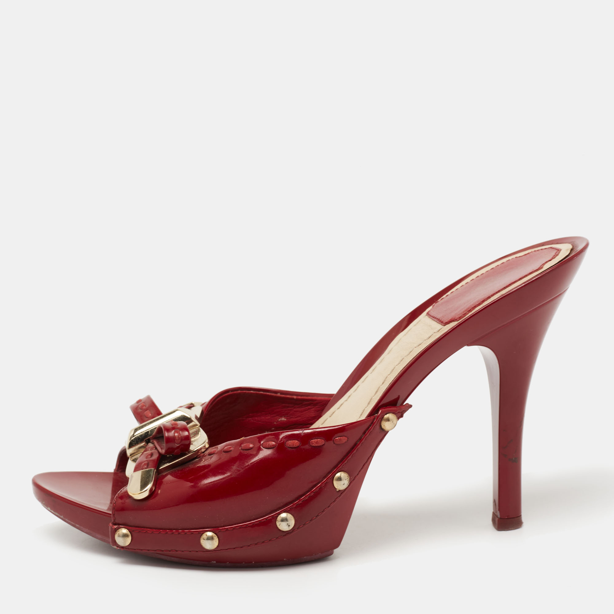 

Dior Dark Red Patent Leather Bow Detail Slide Sandals Size