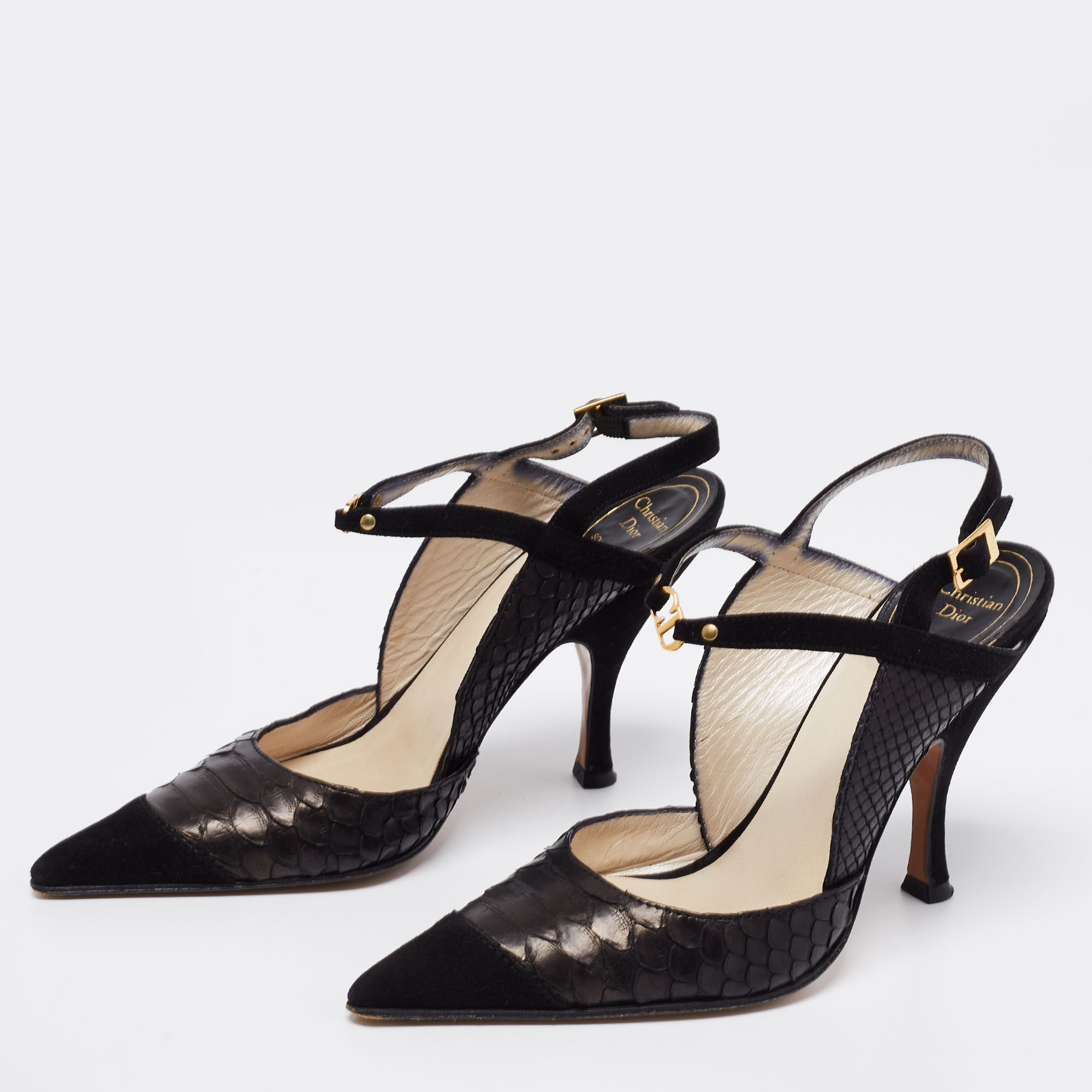 

Dior Black Python Leather And Suede Ankle Strap Sandals Size