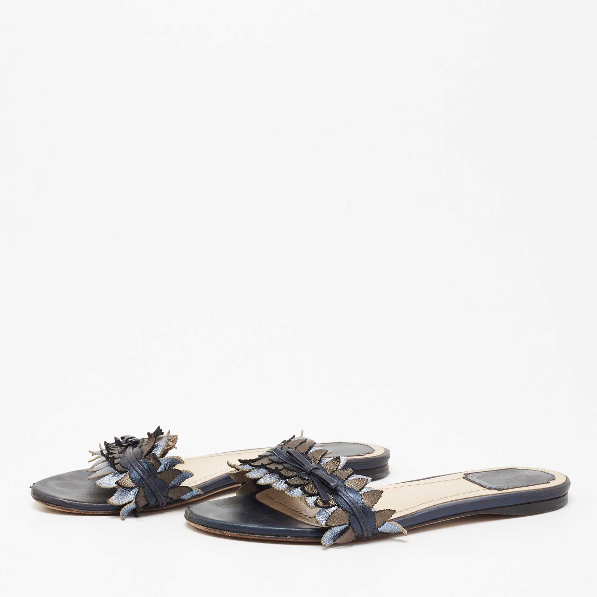

Dior Metallic Blue Leather Cut Out Flat Slide Sandals Size