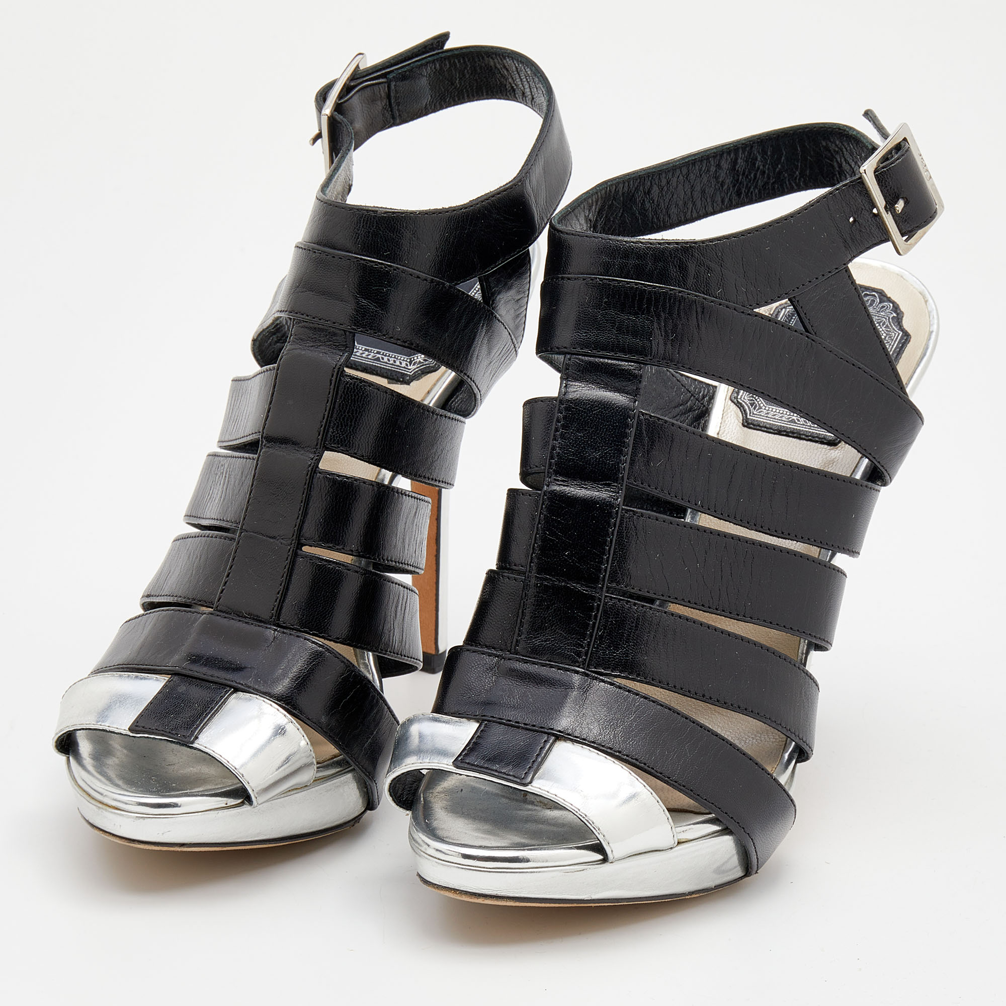 

Dior Black/Silver Leather Strappy Platform Sandals Size