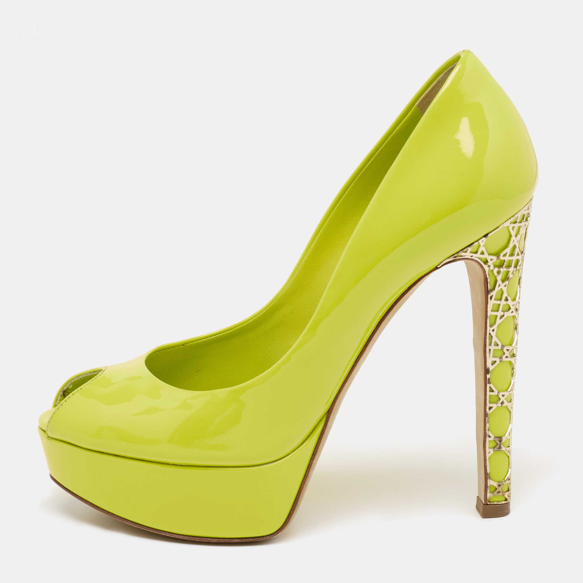 Pre-owned Dior Green Patent Leather Peep Toe Cannage Heel Platform ...