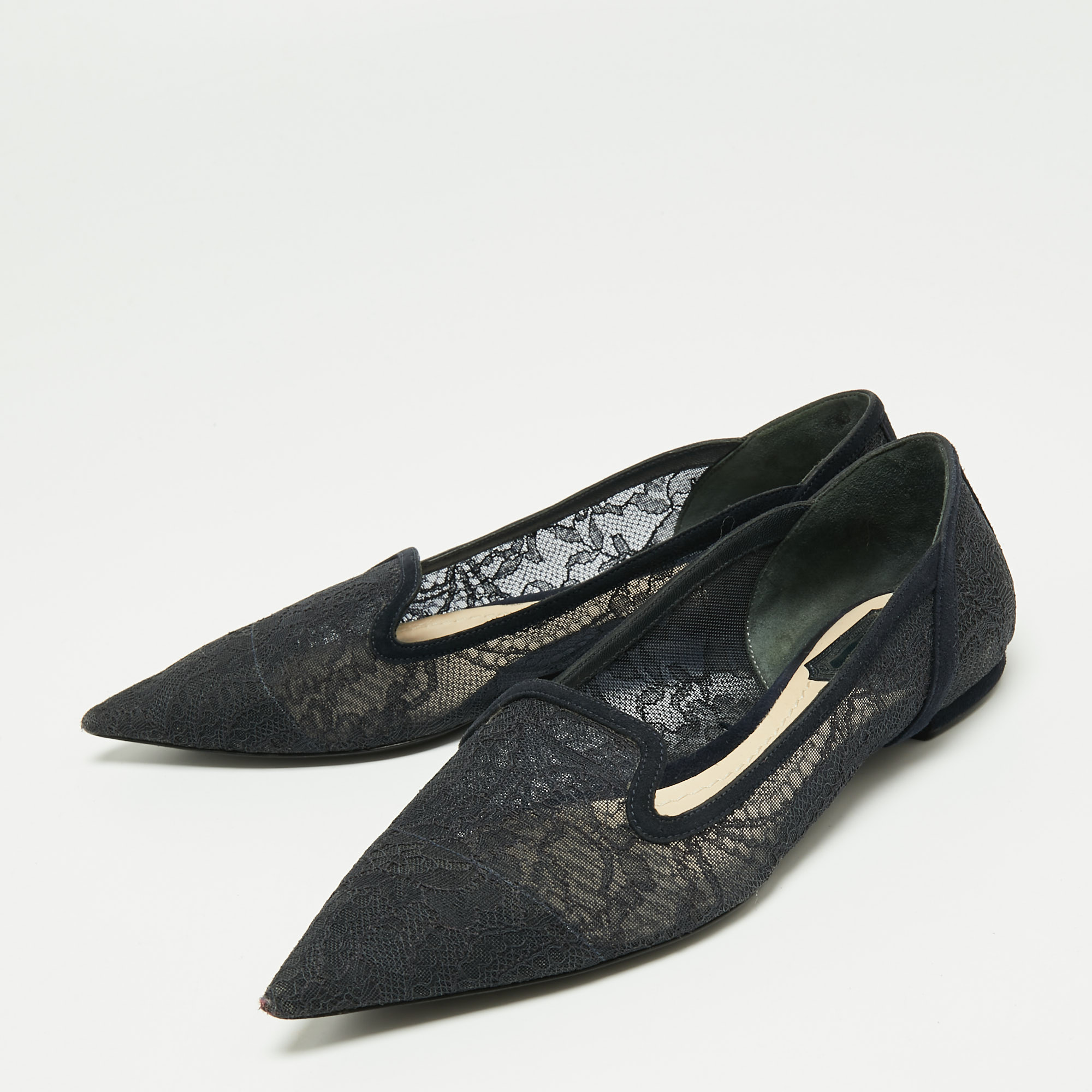 

Dior Navy Blue Lace And Suede Pointed Toe Ballet Flats Size