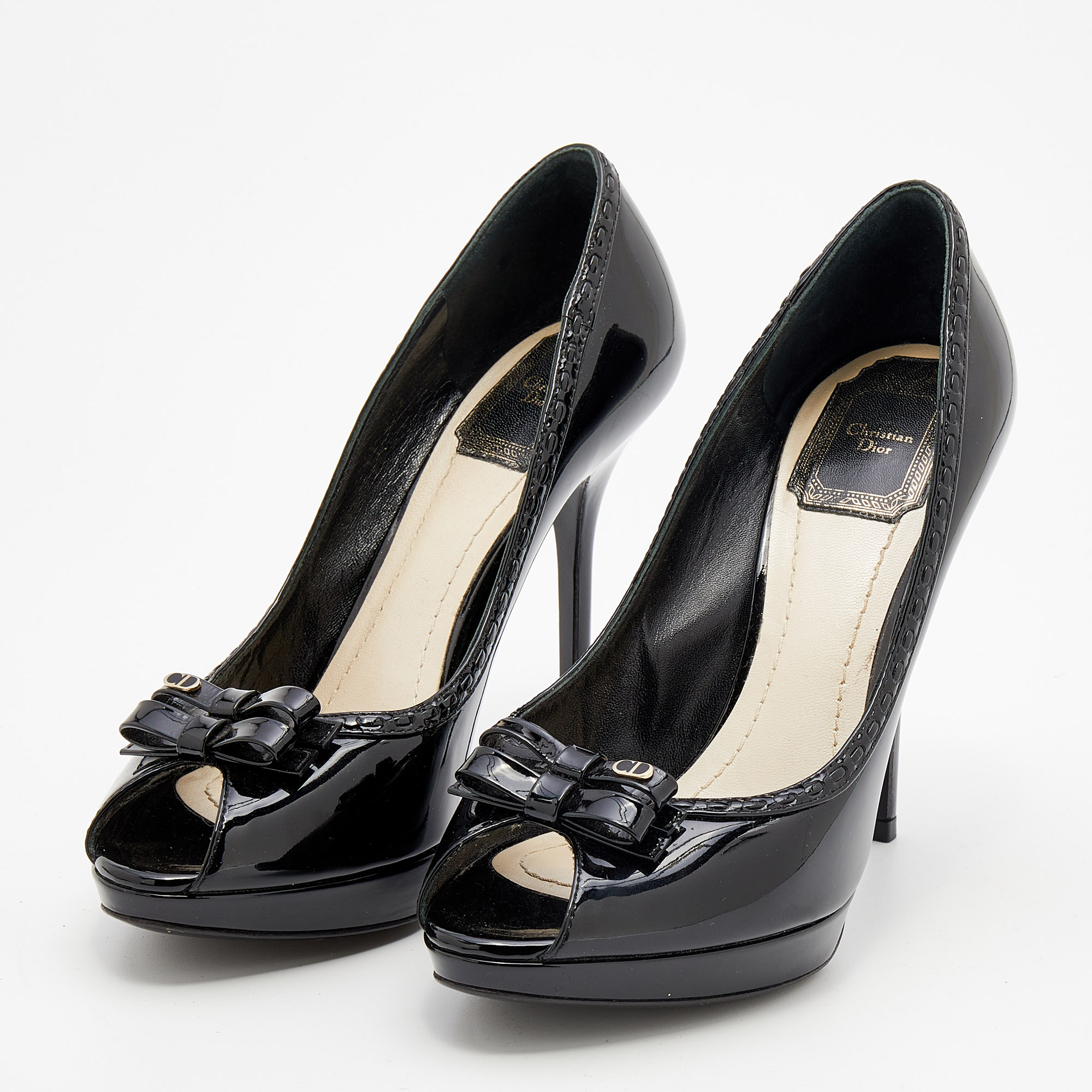 

Dior Black Patent Leather Bow Peep Toe Platform Pumps Size