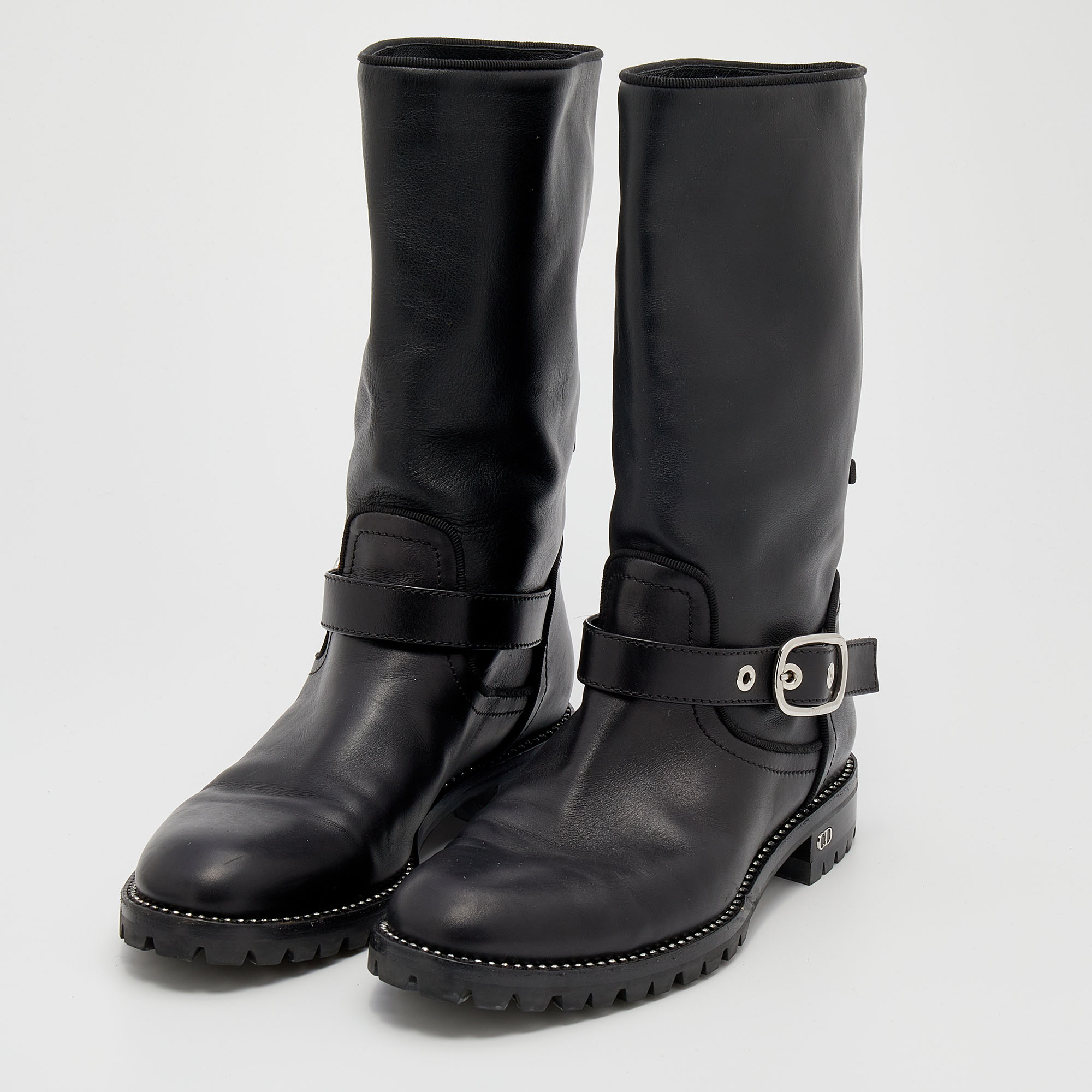 

Dior Black Leather Crystal Embellished Buckle Detail Ankle Boots Size
