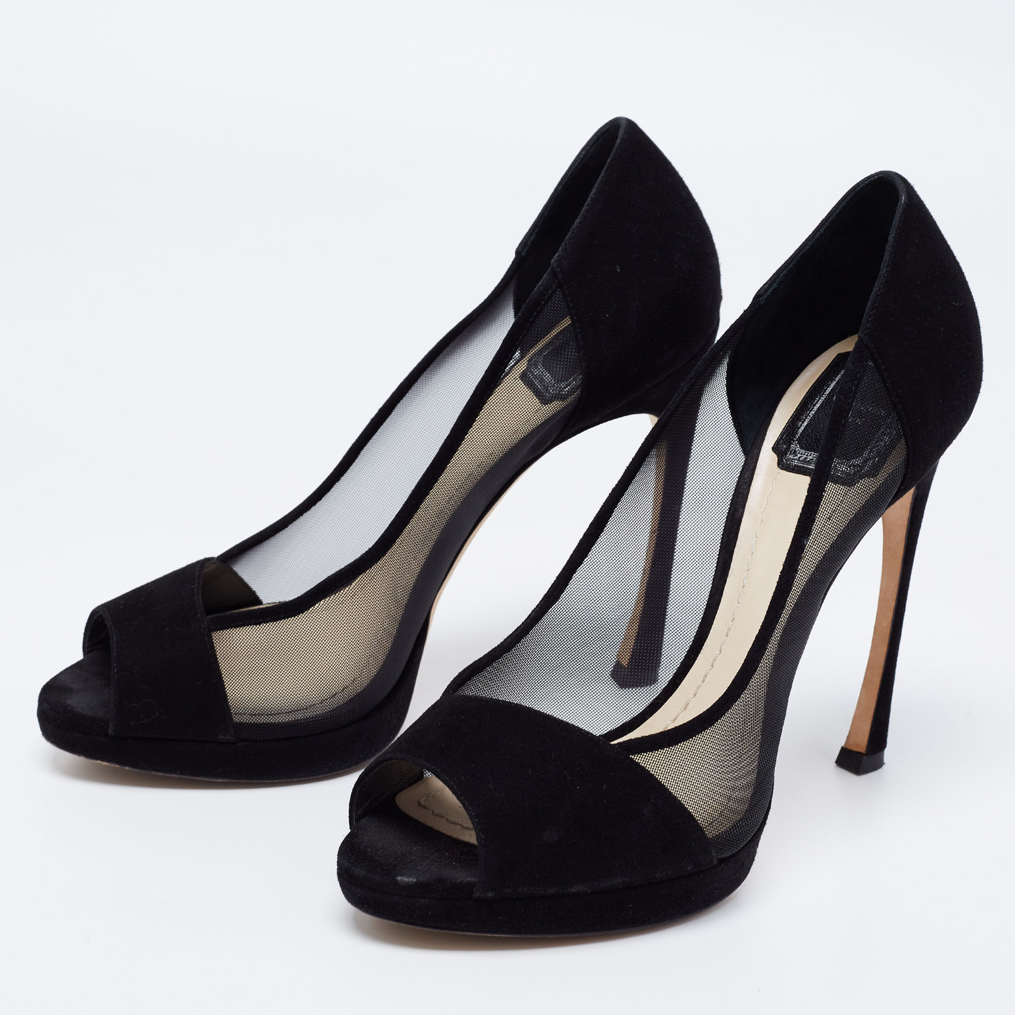 

Dior Black Suede and Mesh Peep-Toe Pumps Size