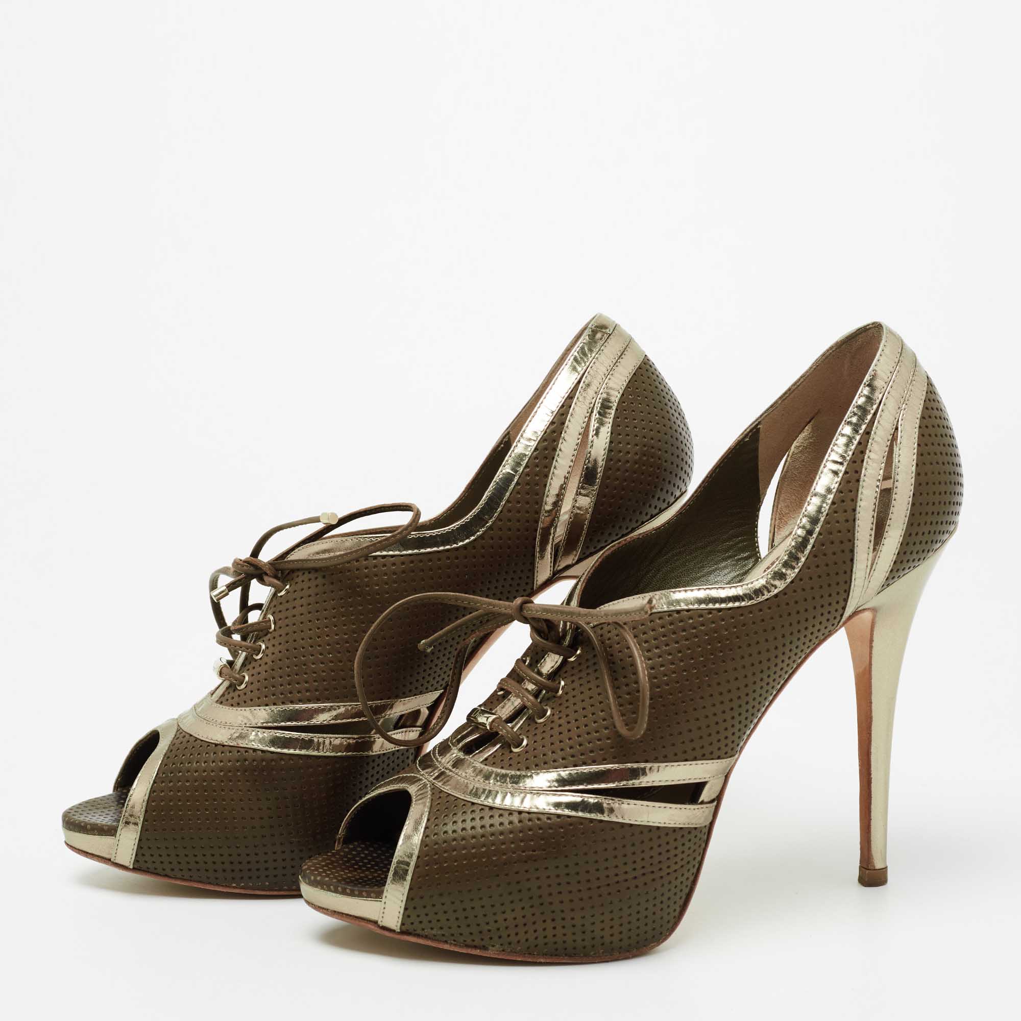 

Dior Olive Green/Light Gold Perforated and Leather Lace-Up Open-Toe Pumps Size