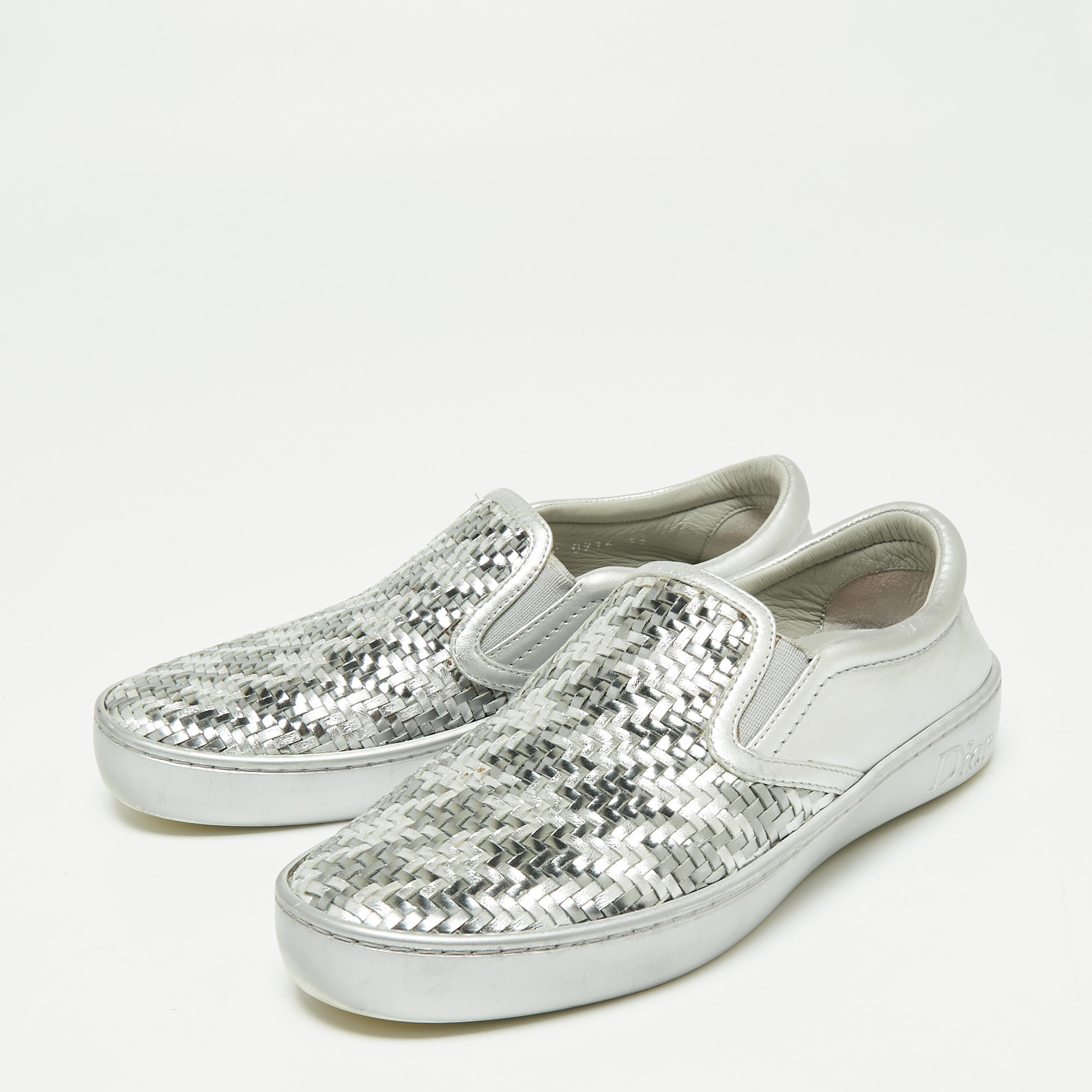 

Dior Metallic Silver Woven Leather Slip On Sneakers Size