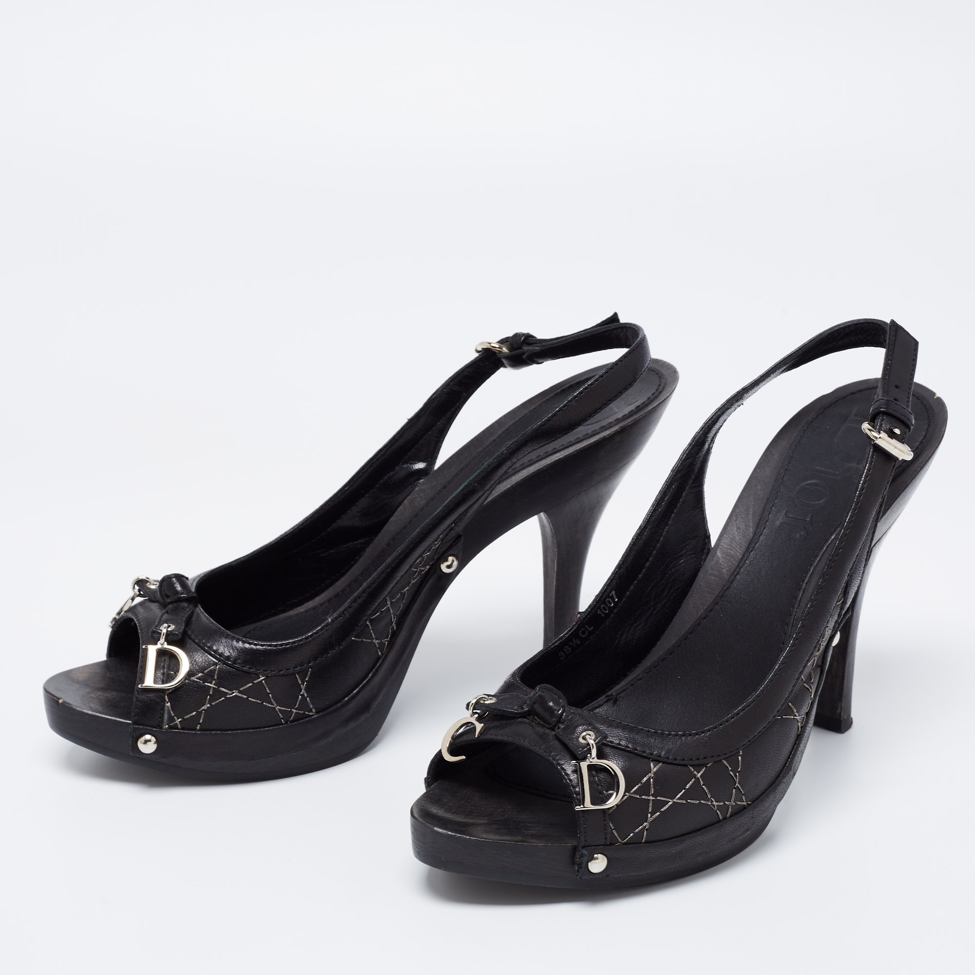 

Dior Black Cannage Leather CD Charm Bow Peep-Toe Slingback Pumps Size
