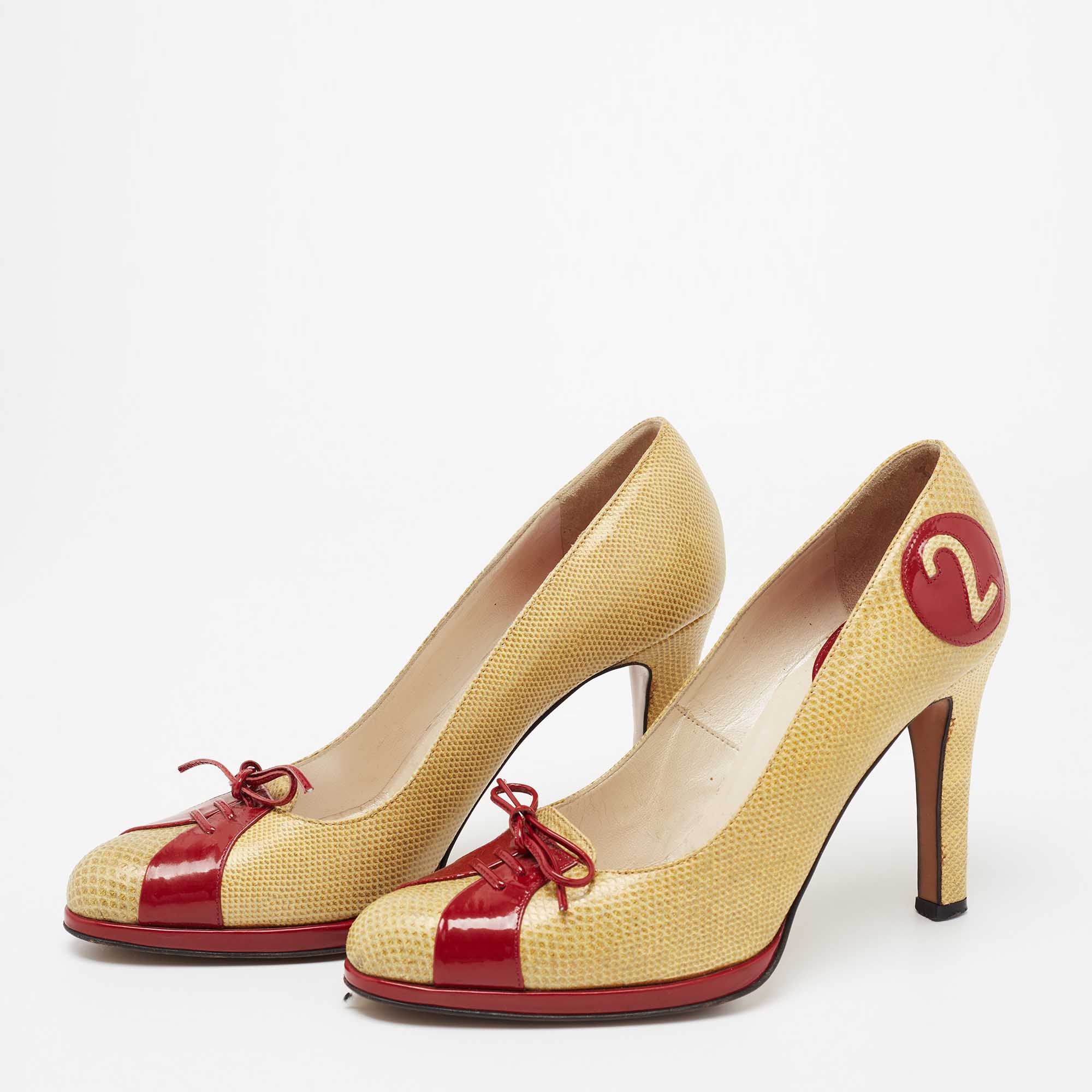 

Dior Yellow/Burgundy Karung and Patent Leather Lace Bow Platform Pumps Size