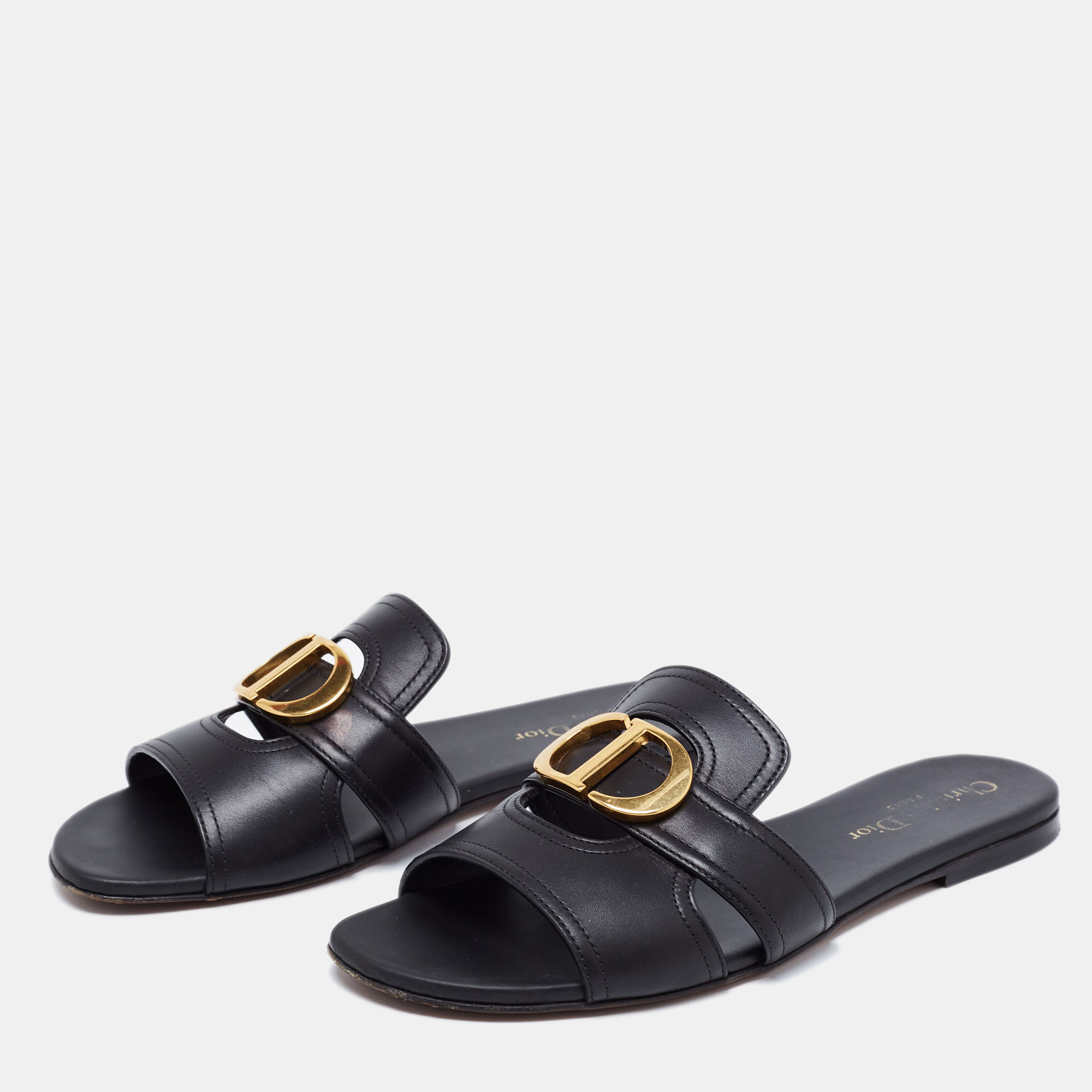 

Dior Black Leather 30 Montaigne Flat Slide Sandals Size