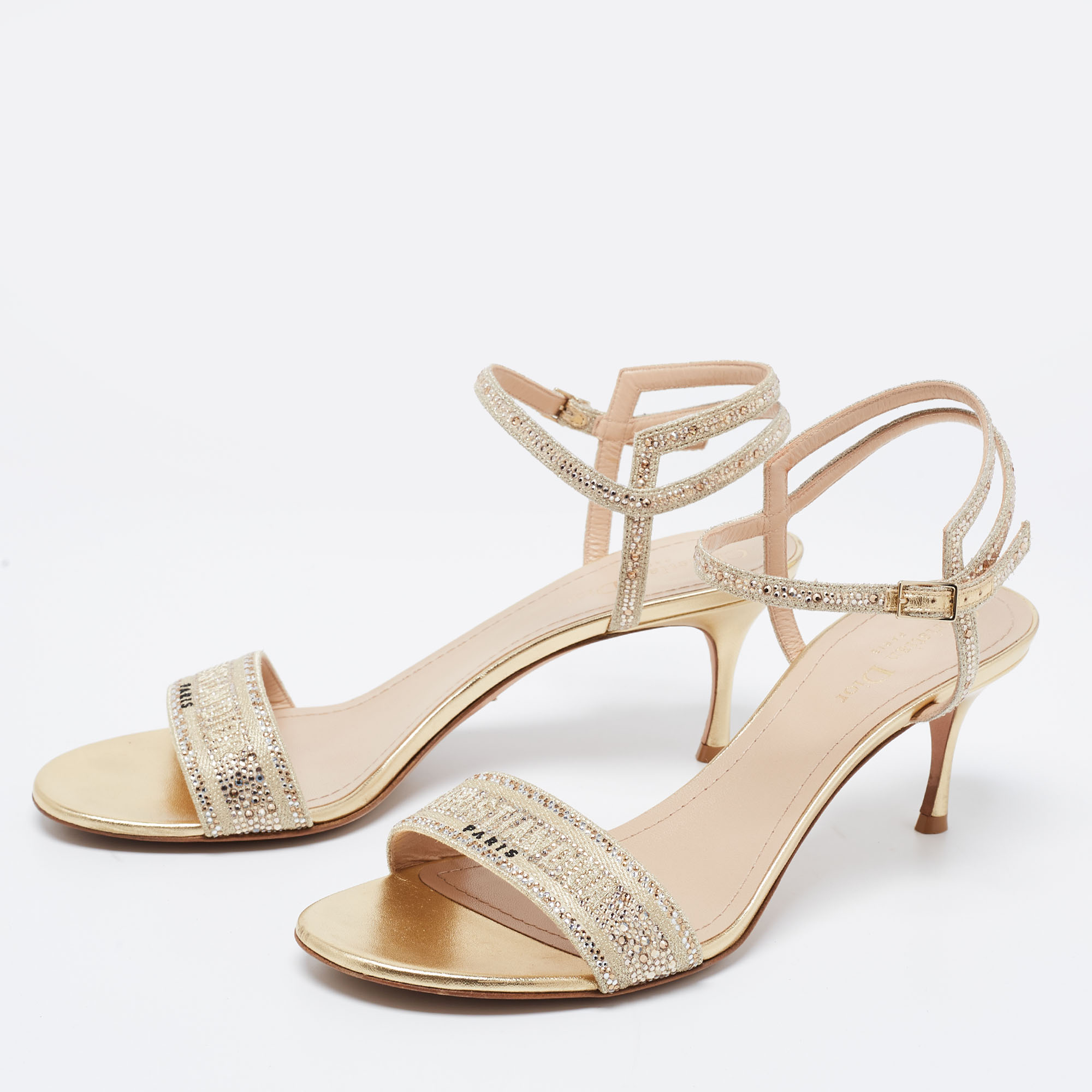 

Dior Gold Crystal Embellished Embroidered Canvas Dway Heeled Ankle-Strap Sandals Size