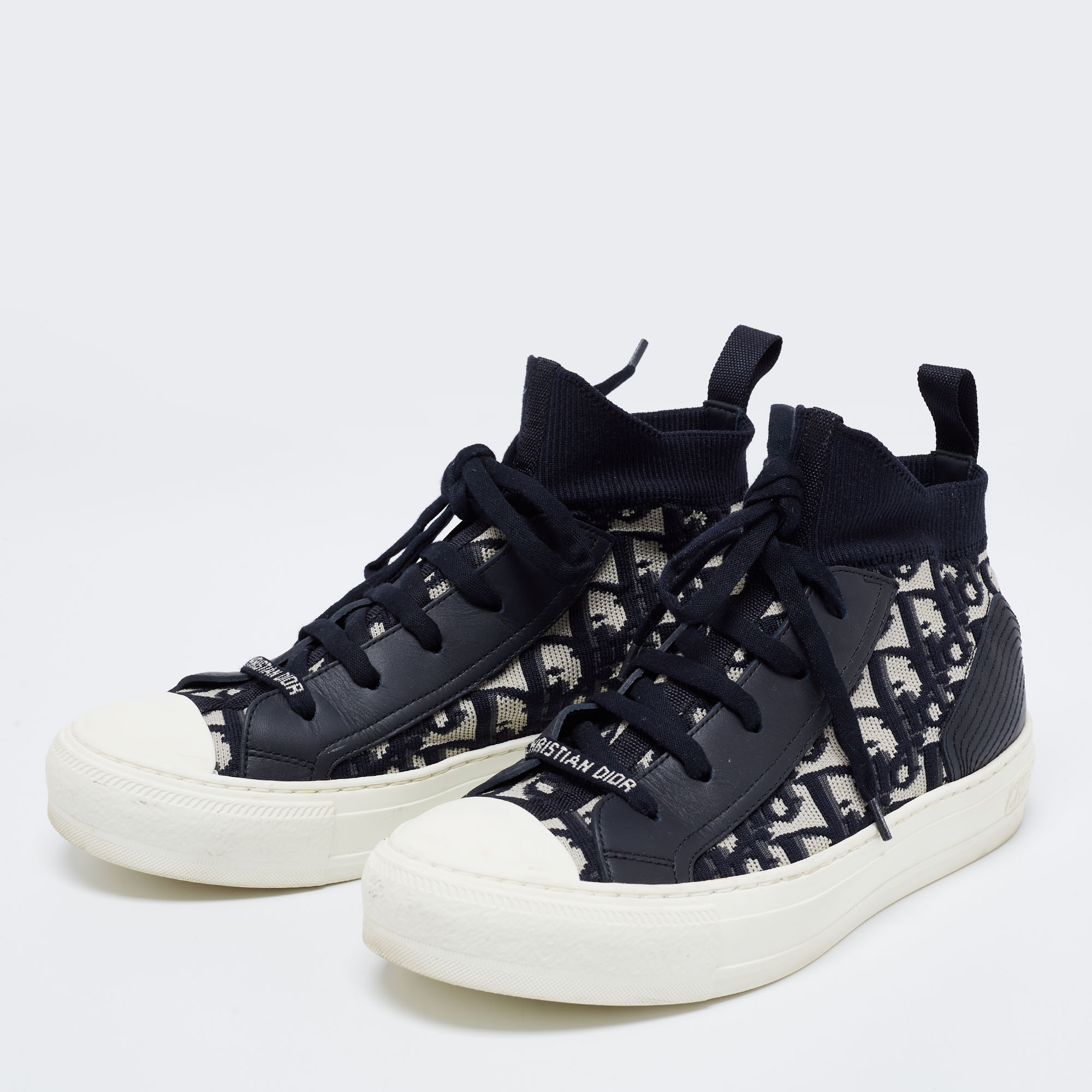 

Dior Blue/White Knit Fabric and Leather Walk'n'Dior High-Top Sneakers Size