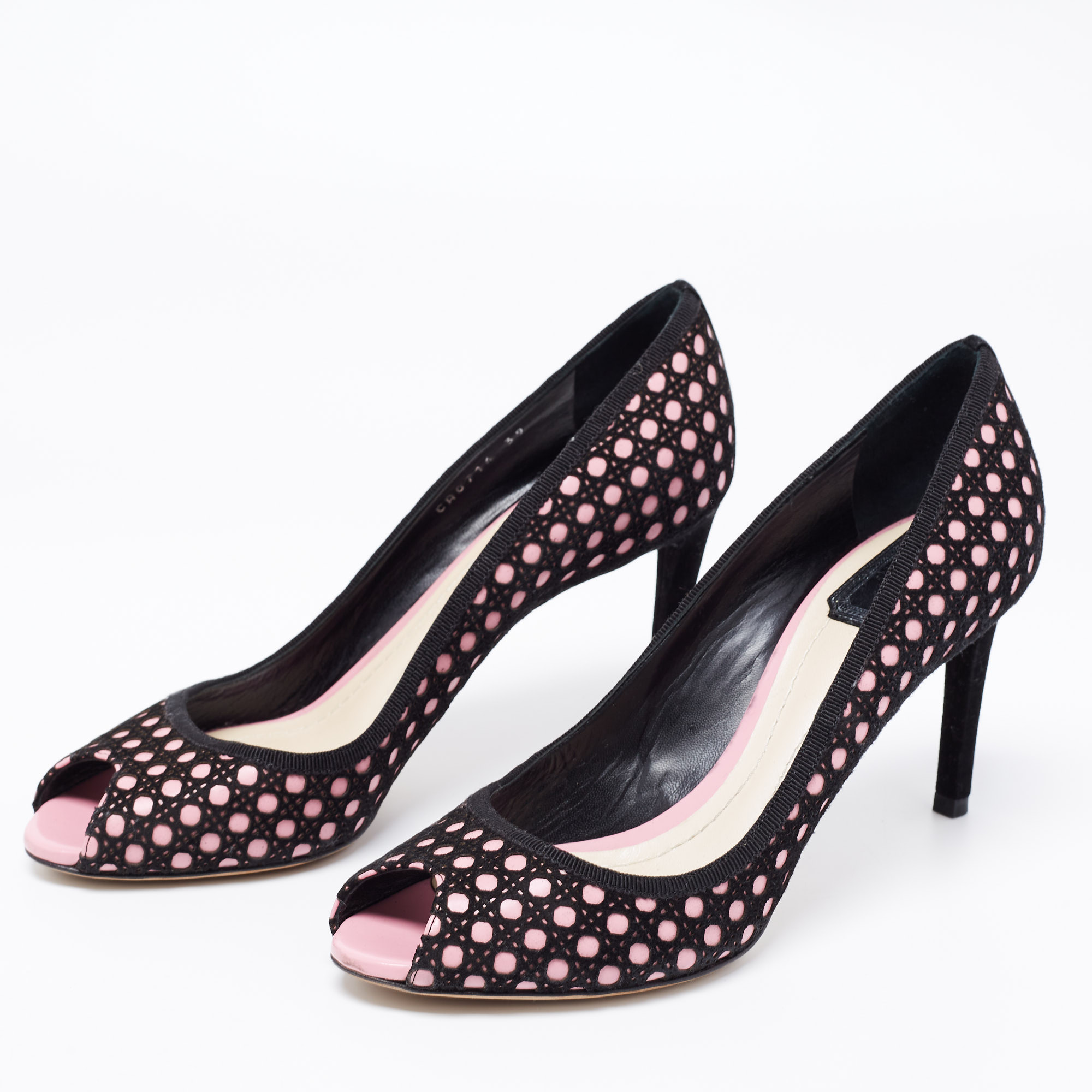 

Dior Black/Pink Cannage Cutout Suede And Leather Peep Toe Pumps Size