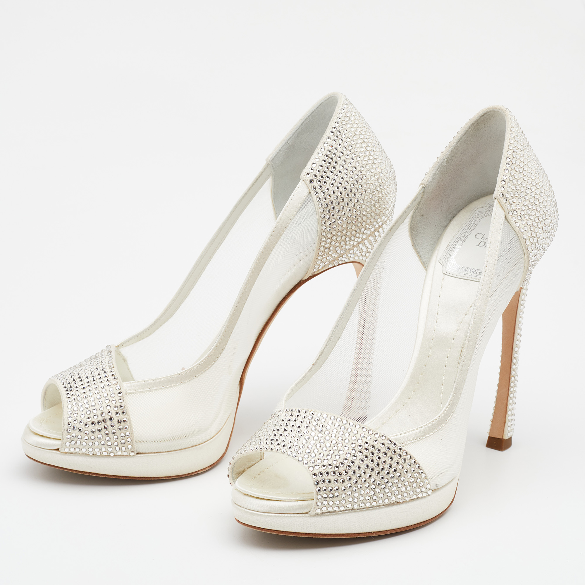 

Dior White Crystal Embellished Suede And Mesh Peep Toe Pumps Size