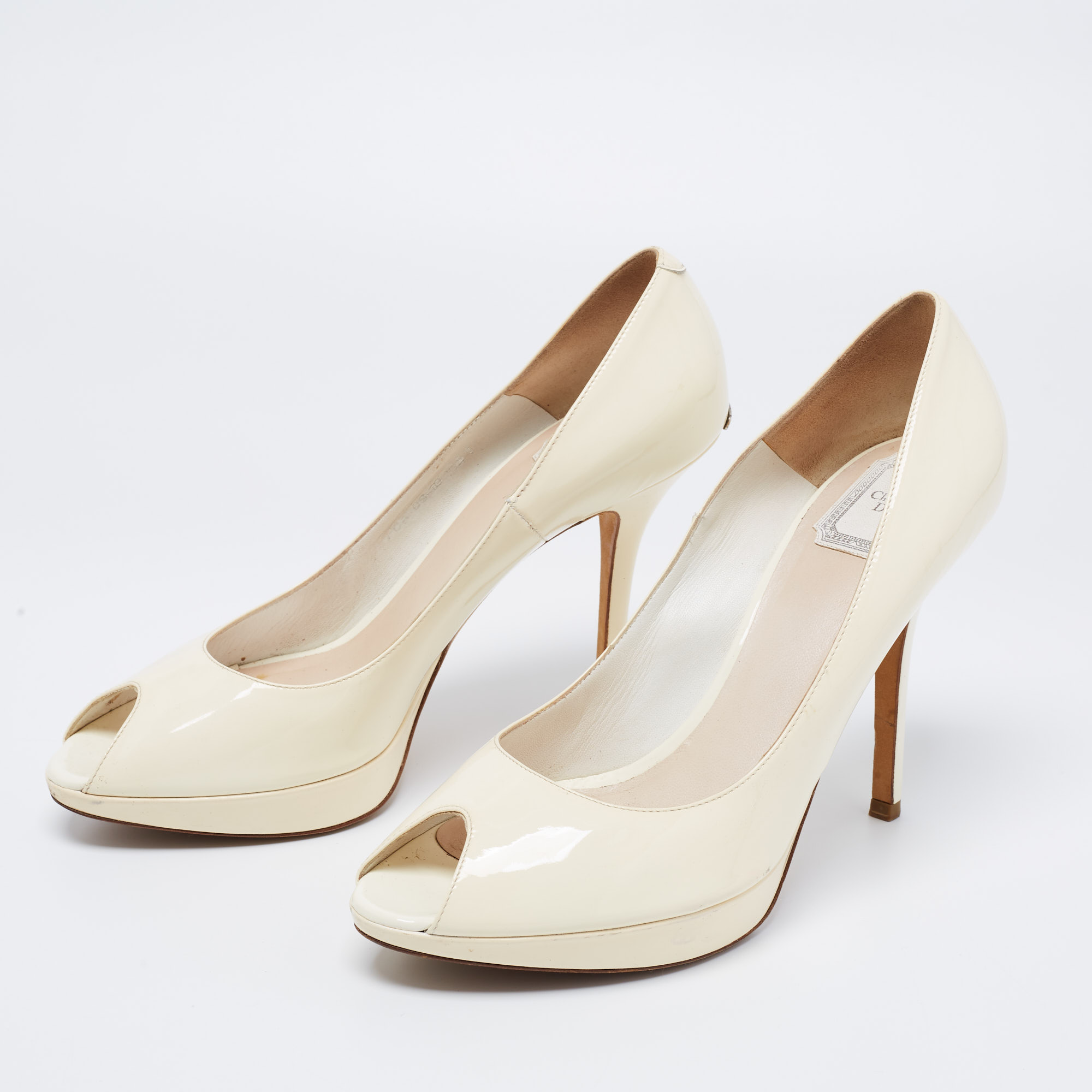 

Dior Off-White Patent Leather Miss Dior Peep-Toe Platform Pumps Size