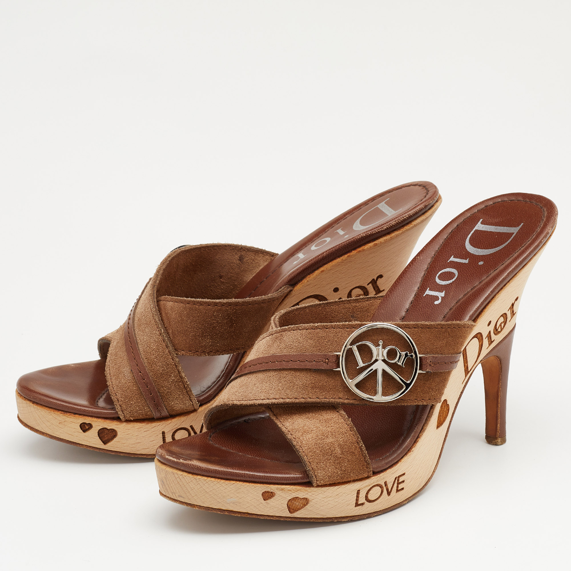

Dior Brown Suede and Leather Cross Strap Wooden Platform Mules Size