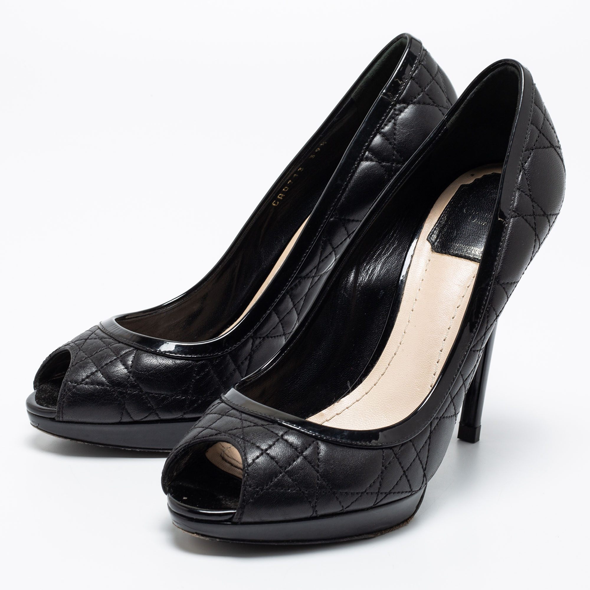 

Dior Black Quilted Leather Peep-Toe Platform Pumps Size