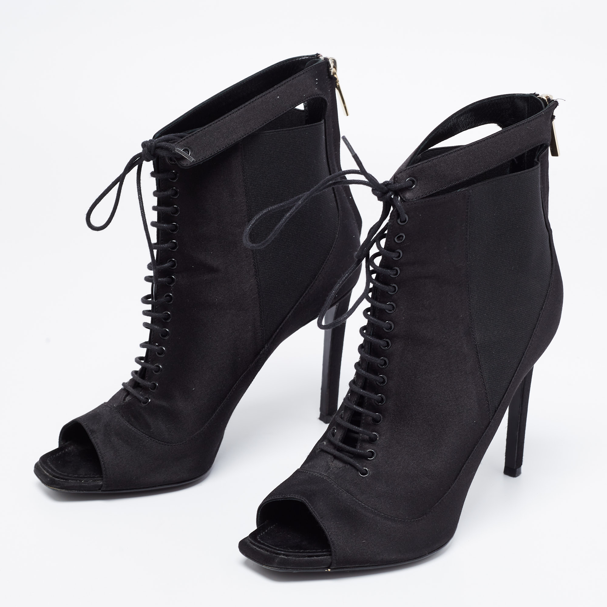 

Dior Black Satin Peep-Toe Lace-Up Ankle Booties Size