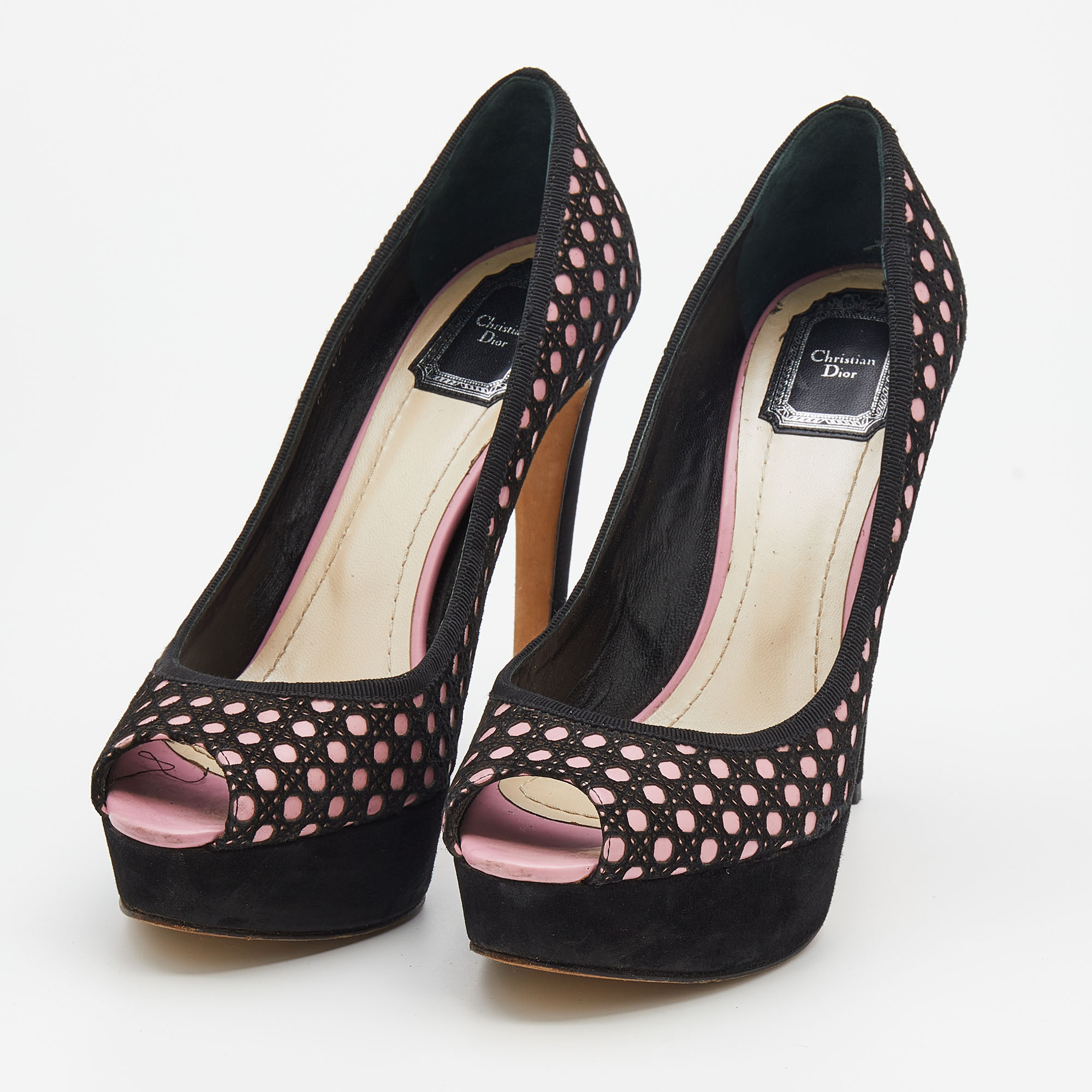 

Dior Black/Pink Cannage Cutout Suede And Leather Peep Toe Platform Pumps Size