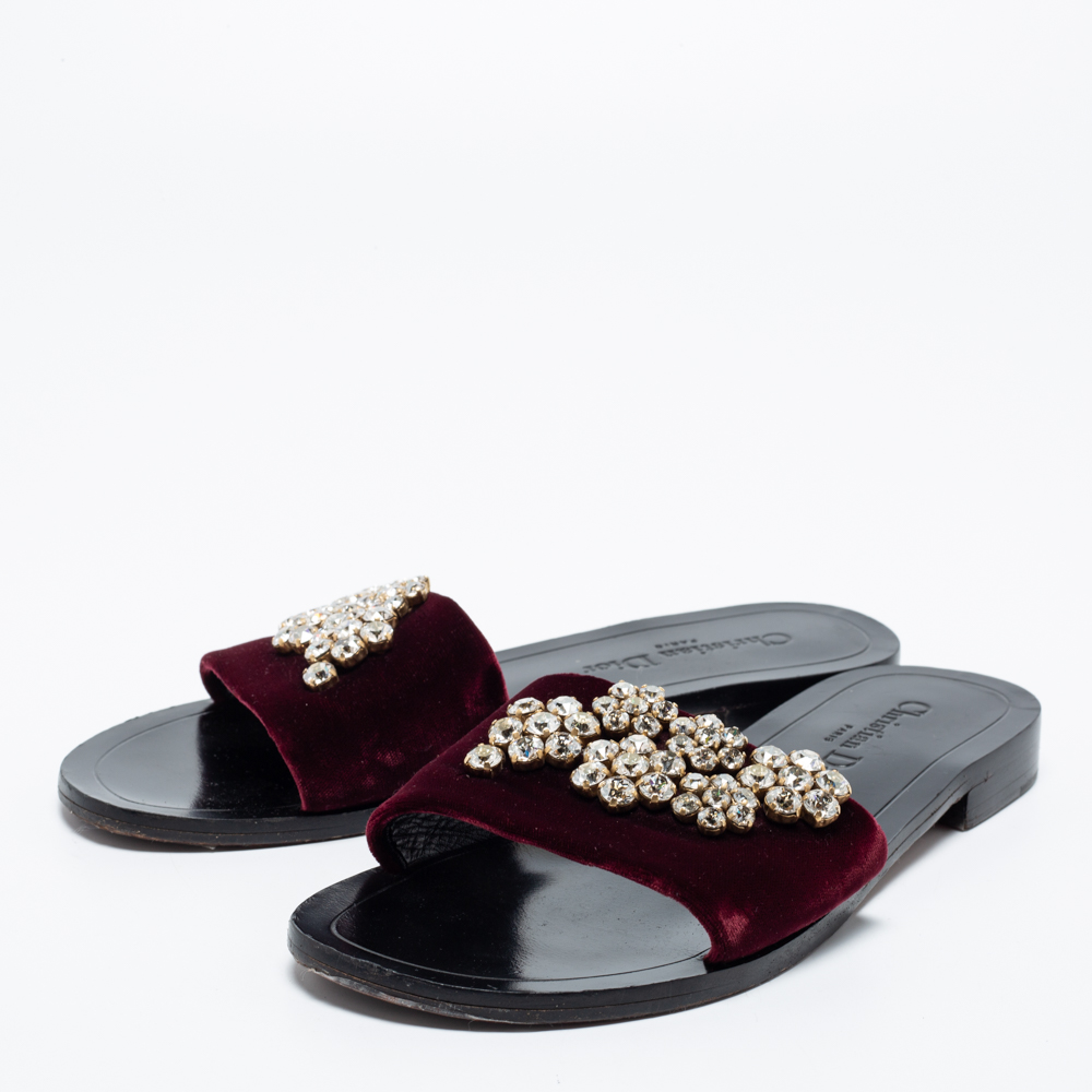 

Dior Burgundy Velvet Crystal Embellishment Flat Slides Size