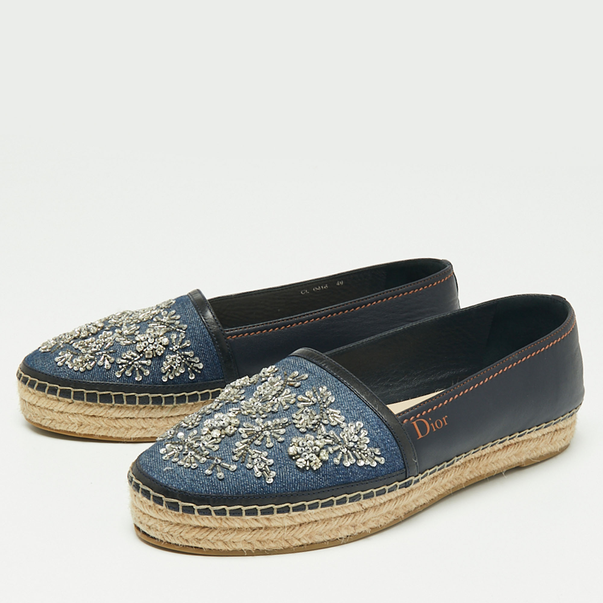 

Dior Two-Tone Crystal Embellished Denim and Leather Flat Espadrilles Size, Navy blue