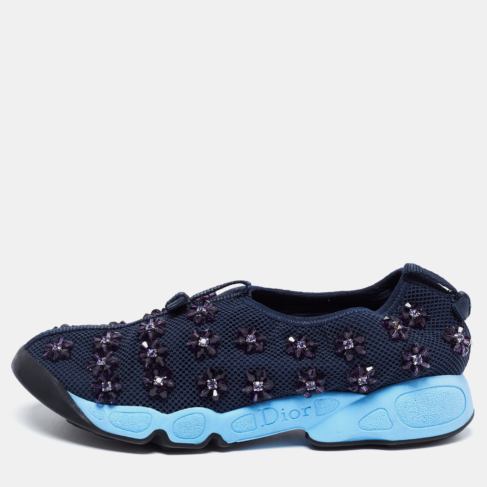 

Dior Navy Blue Mesh Fusion Floral Embellished Slip On Sneakers Size
