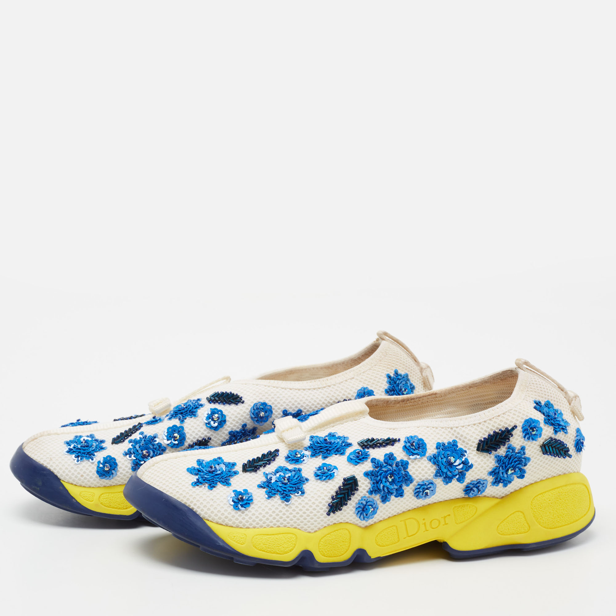 

Dior White/Blue Mesh Fusion Floral Sequins Embellished Slip On Sneakers Size