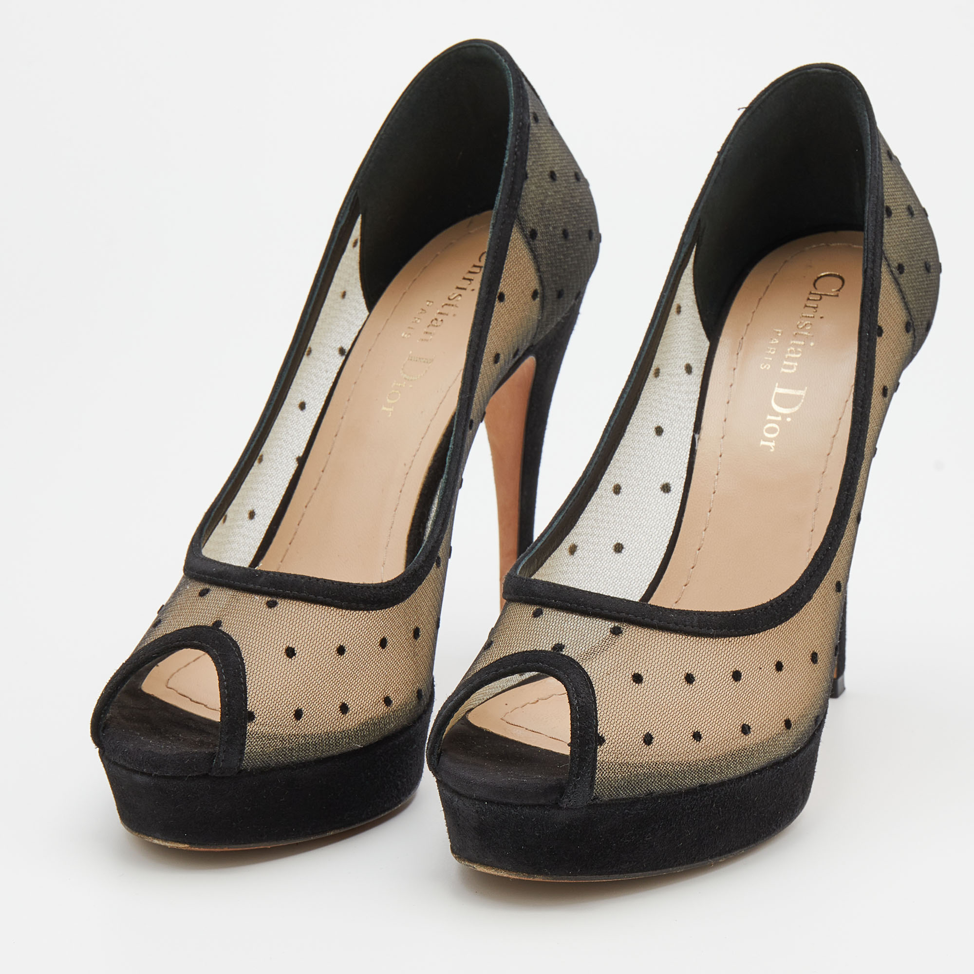 

Dior Black Suede And Dotted Mesh Doll Peep Toe Platform Pumps Size