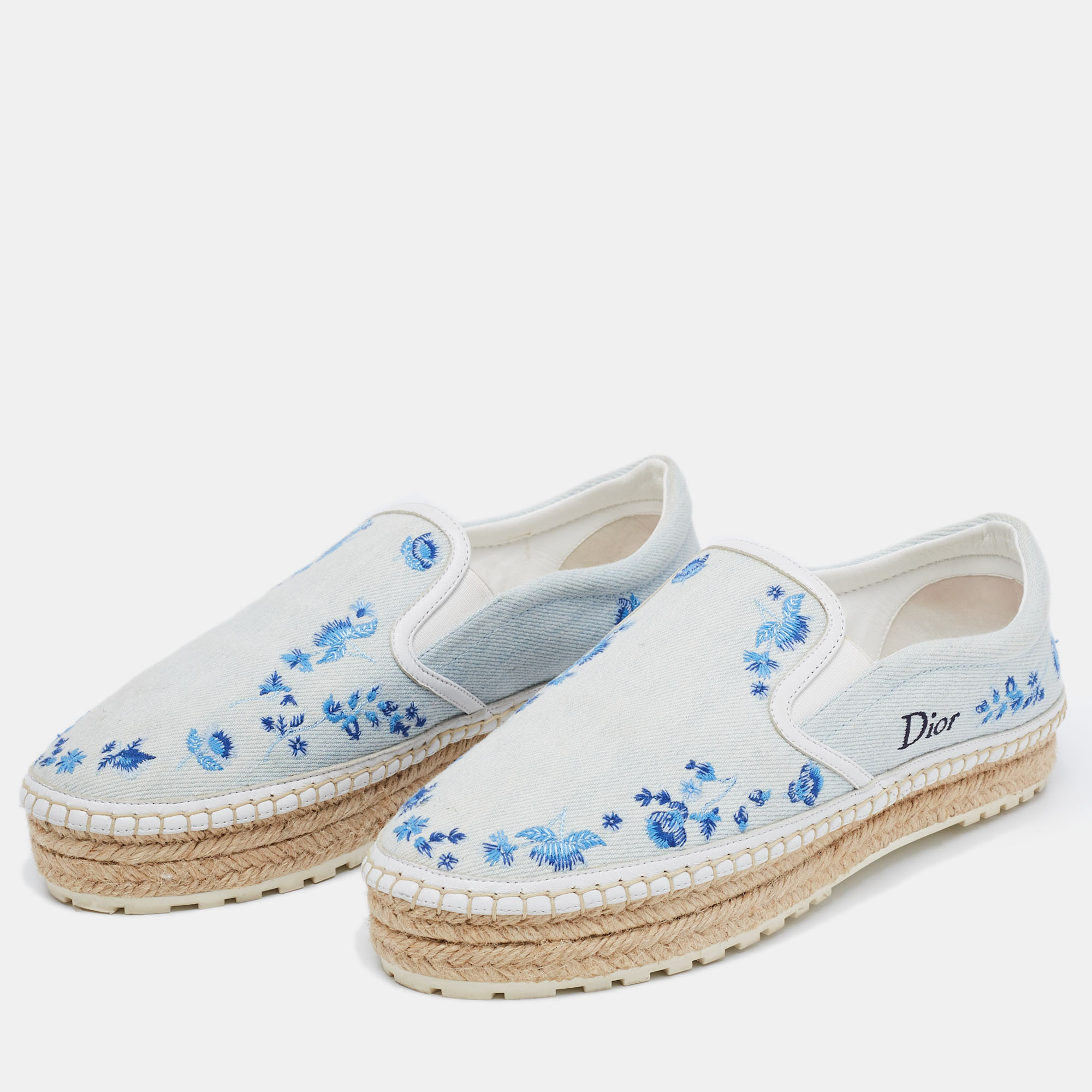 

Dior Light Blue Denim Floral Embroidered Espadrille Slip On Sneakers Size