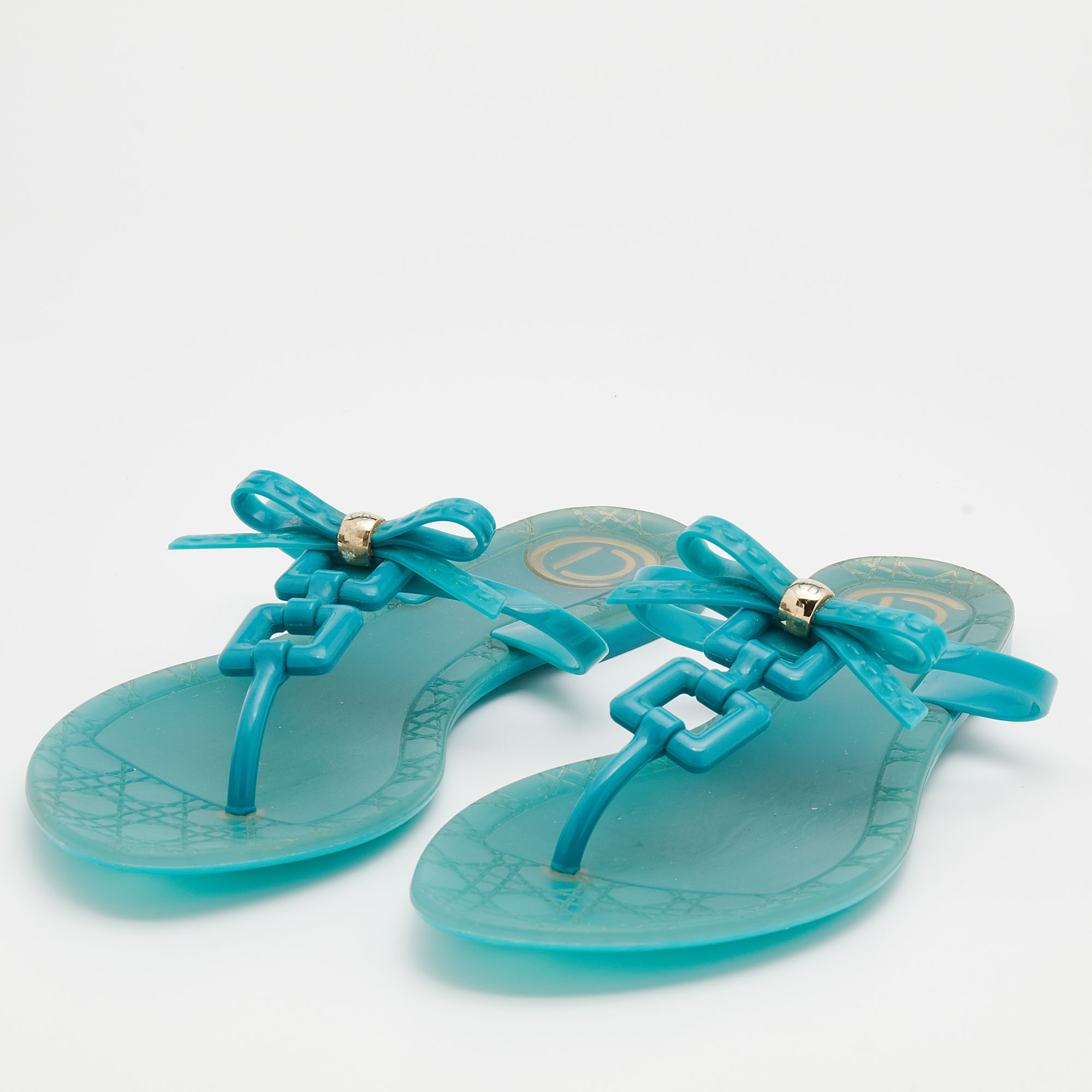 

Dior Blue Rubber Bow Thong Flat Sandals Size