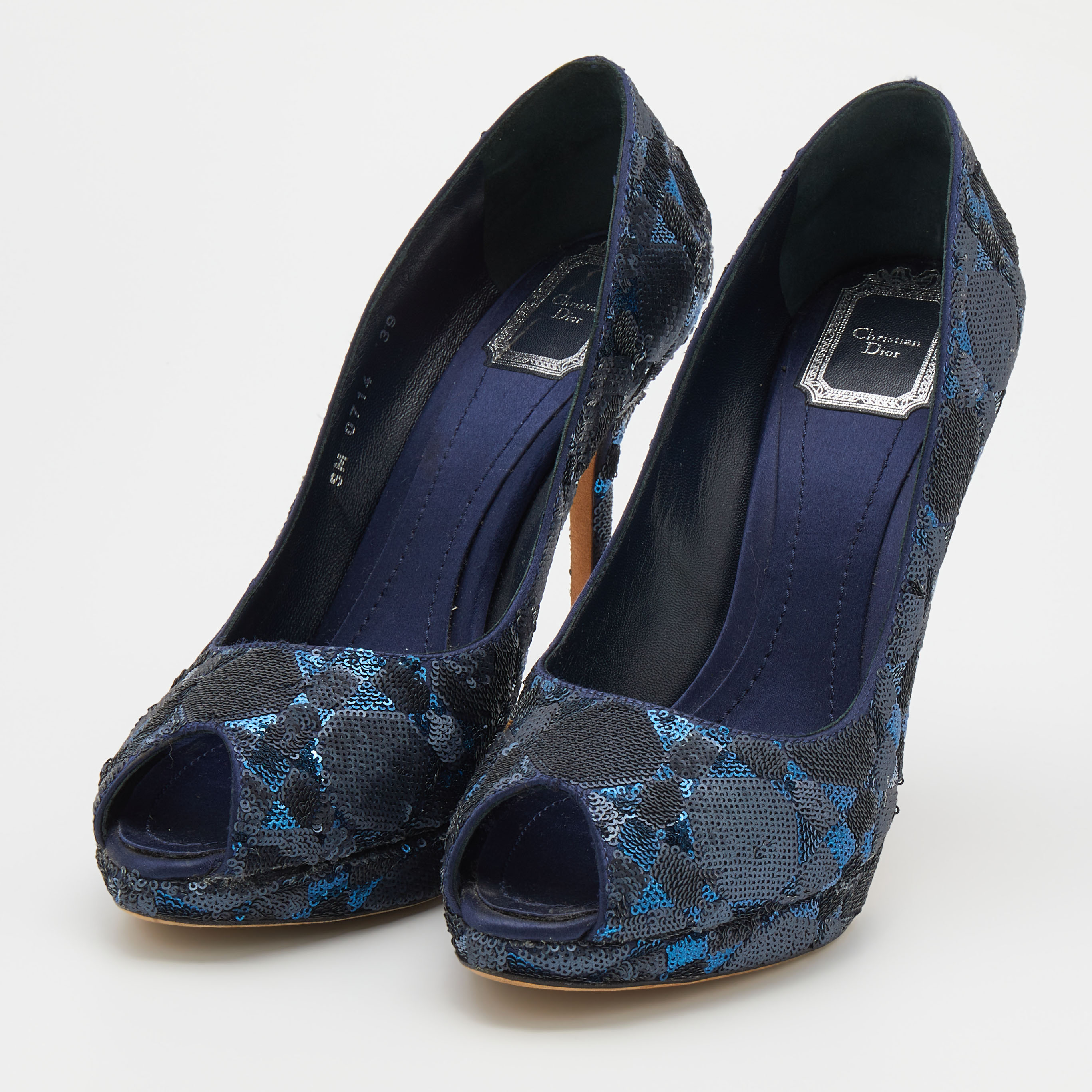 

Dior Blue Sequin Embellished Satin Peep Toe Pumps Size