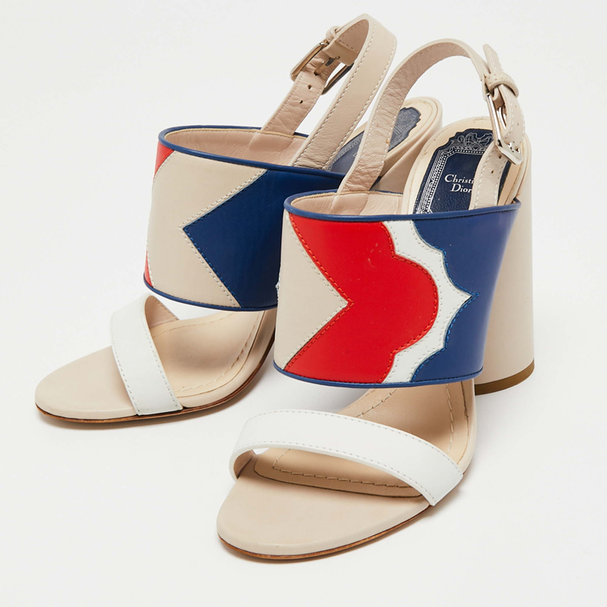 

Dior Cream/Blue Leather Ankle Strap Block Heel Sandals Size