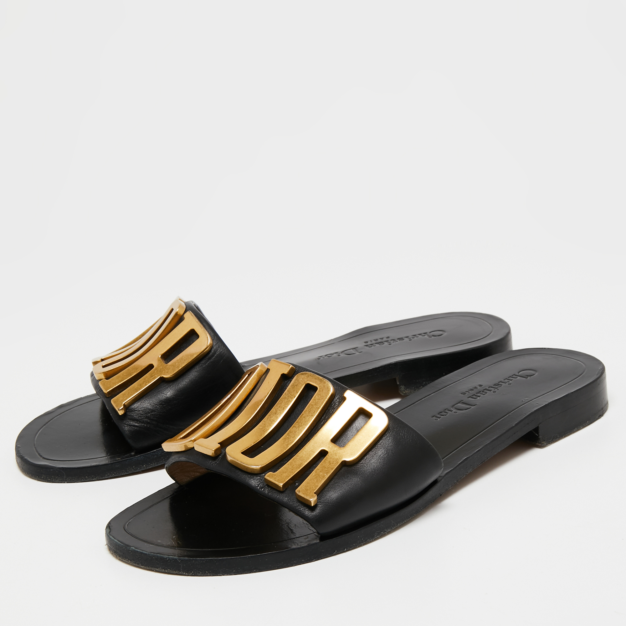 

Dior Black Leather Diorevolution Flat Slides Size